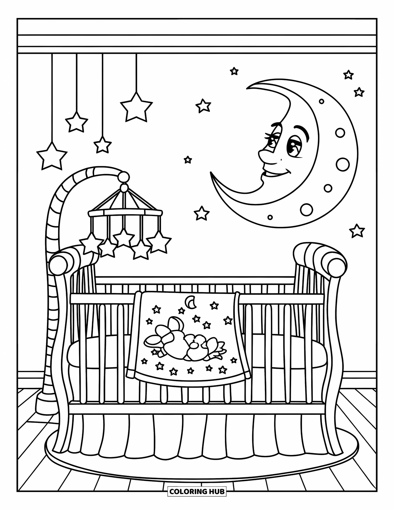 Baby Shower Coloring Page for Kids: A crib with stars, animals, and a smiling moon sits in a peaceful nursery