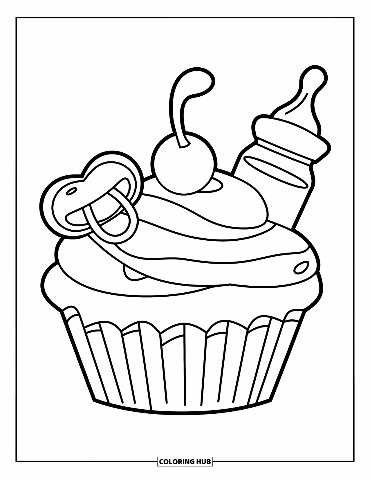 Baby Shower Coloring Page for Kids: A cupcake with a bottle and pacifier is surrounded by baby-themed goodies