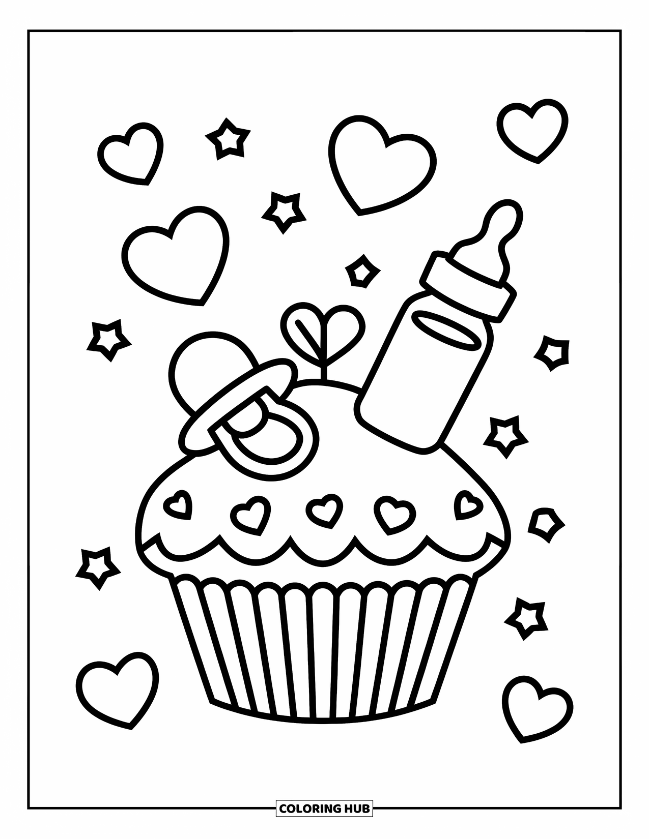 Baby Shower Coloring Page for Kids: A cupcake with a bottle and pacifier is surrounded by hearts and twinkling stars