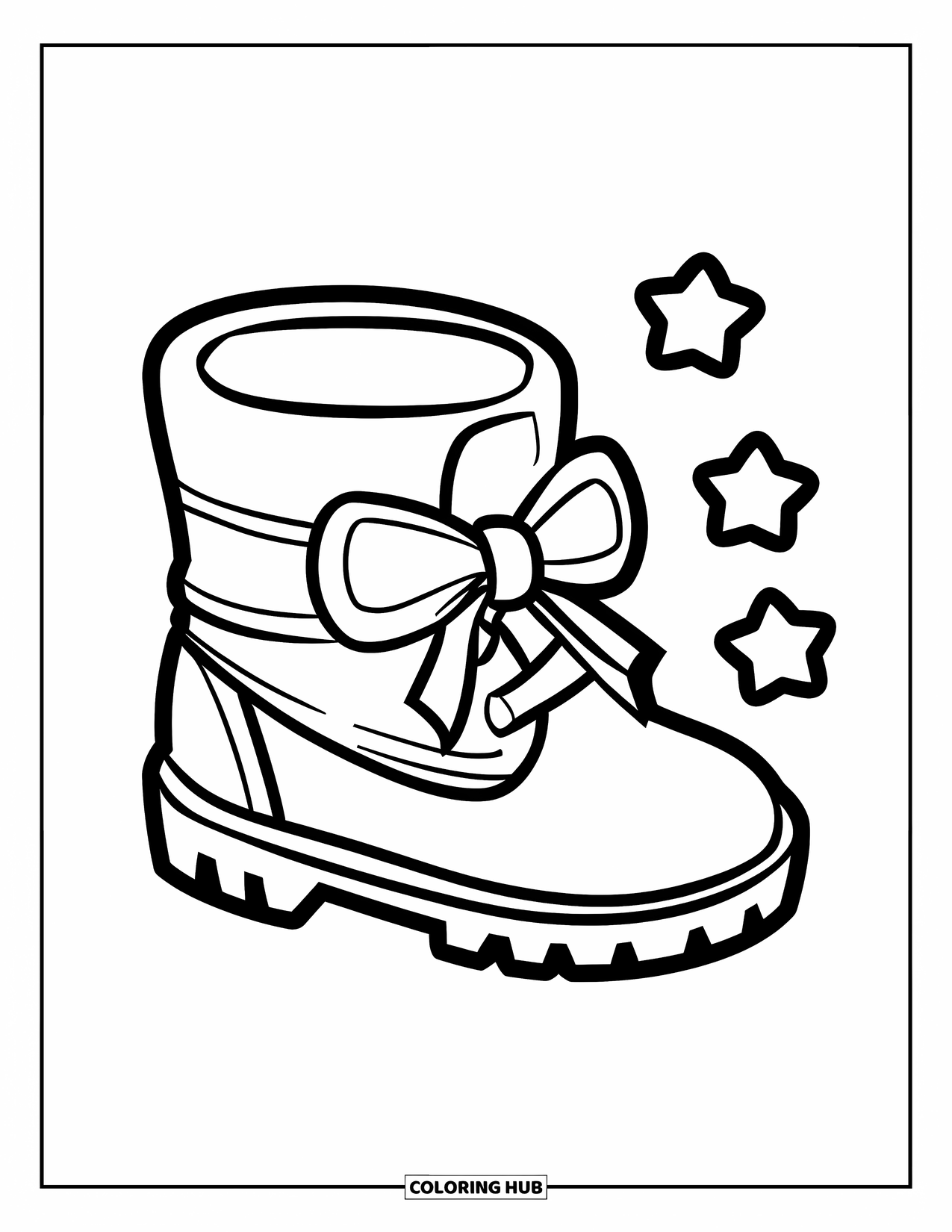 Baby Shower Coloring Page for Kids: A cute baby bootie tied with a bow sits with stars floating nearby
