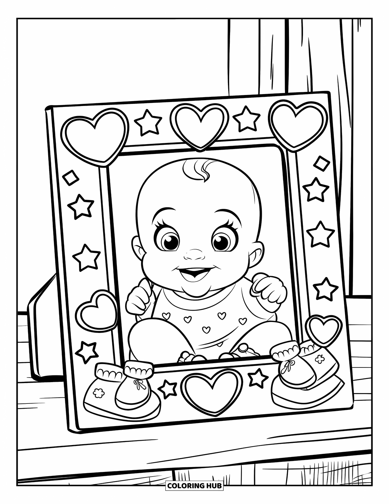Baby Shower Coloring Page for Kids: A cute baby frame with stars and booties rests on a simple wooden surface