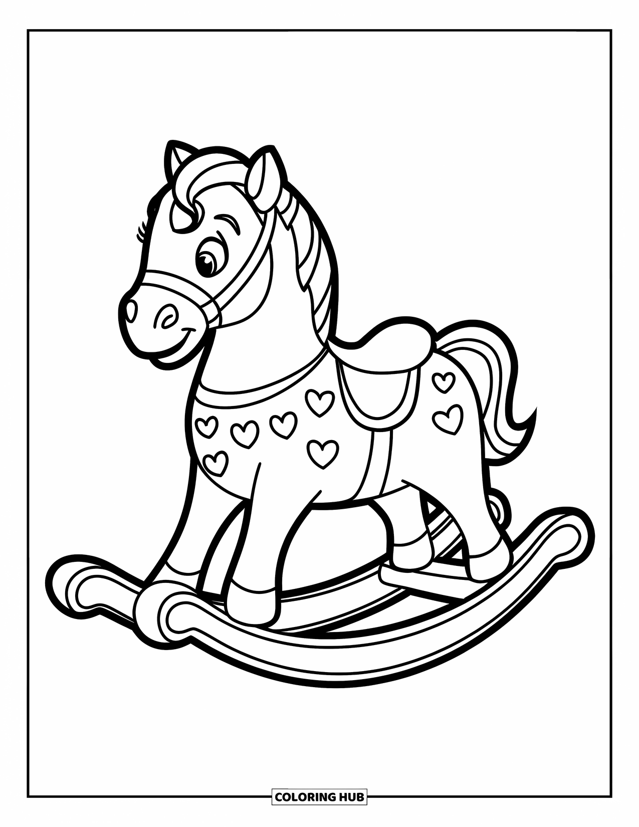 Baby Shower Coloring Page for Kids: A cute rocking horse with heart details sits peacefully with a playful expression
