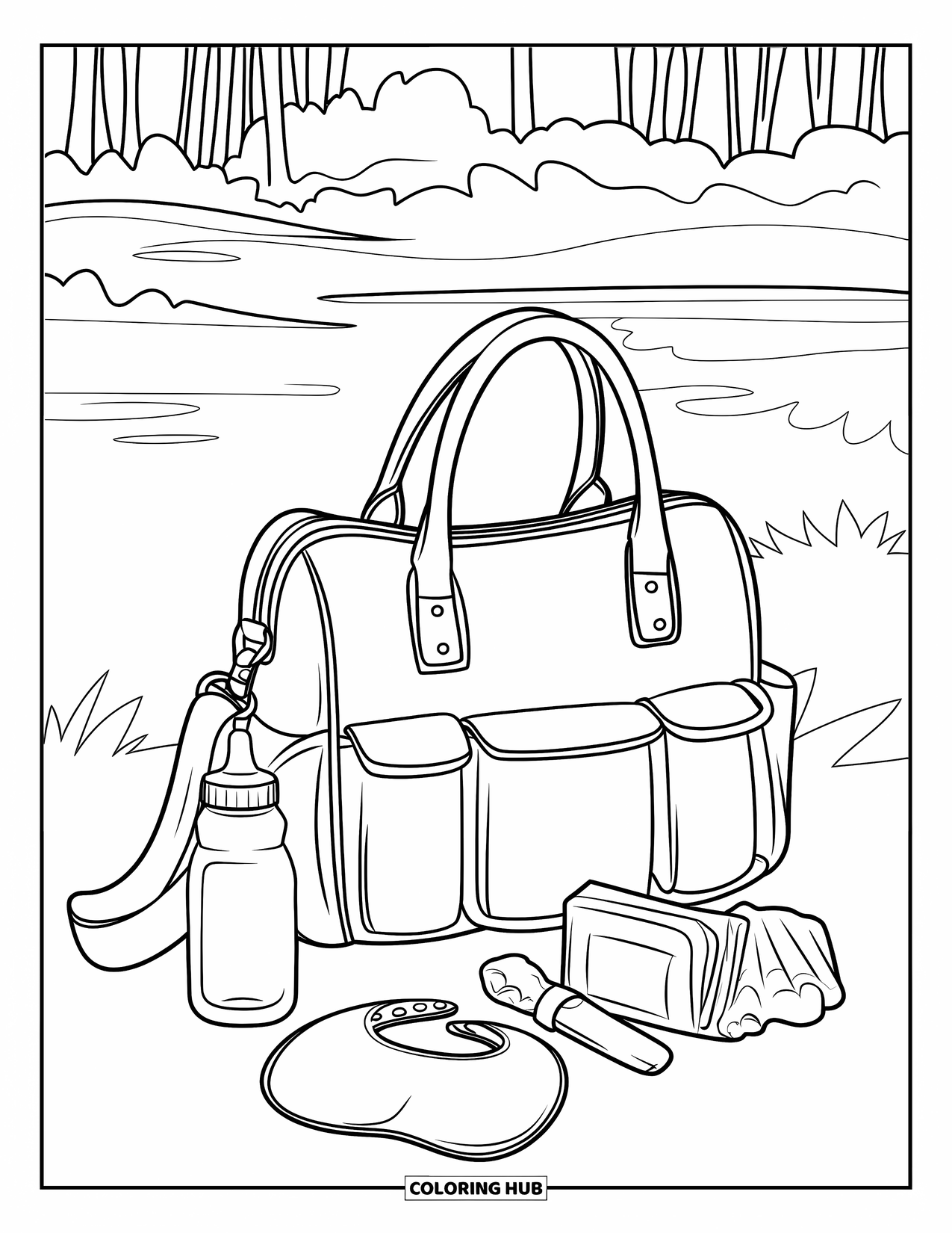 Baby Shower Coloring Page for Kids: A diaper bag with baby items rests in a peaceful outdoor scene by trees and water