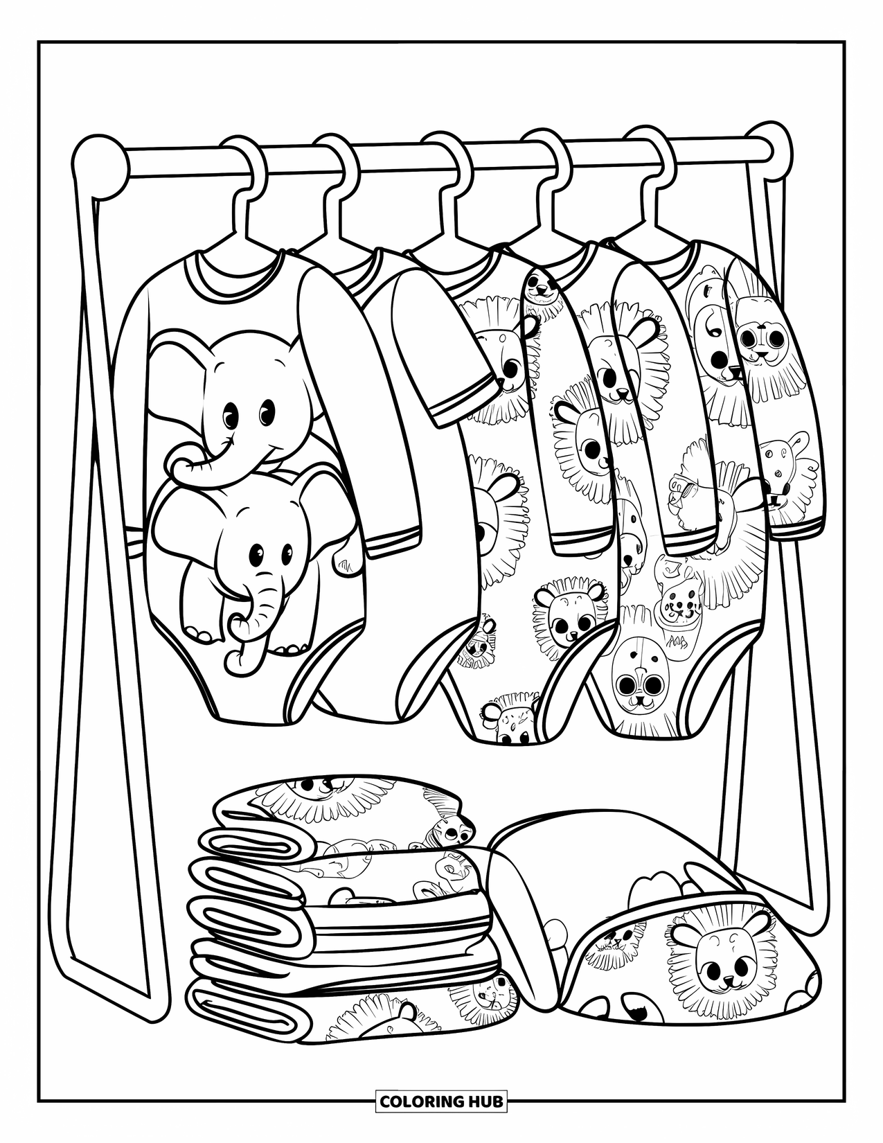 Baby Shower Coloring Page for Kids: A few bold onesies with animal designs hang neatly on a clean, simple rack