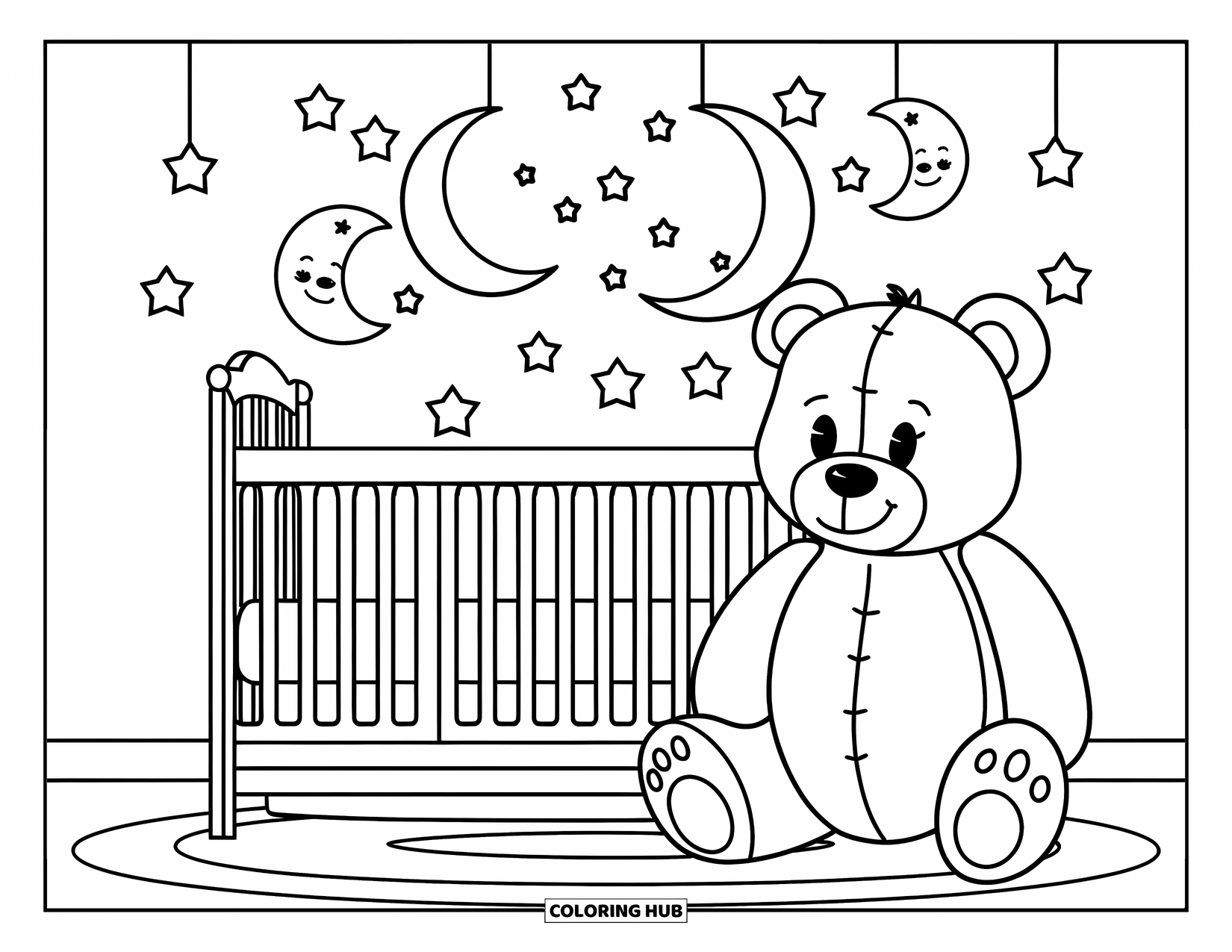 Baby Shower Coloring Page for Kids: A giant teddy rests by a crib under a sky of stars and moons