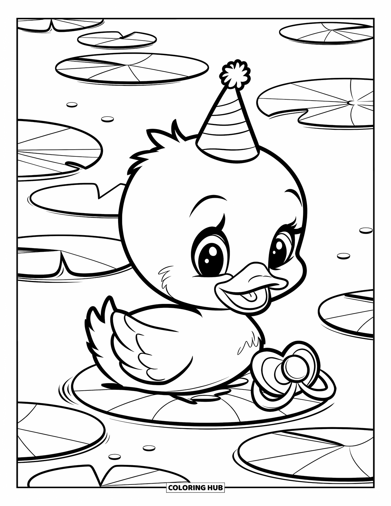 Baby Shower Coloring Page for Kids: A happy duckling with a pacifier sits on a lily pad in a peaceful pond