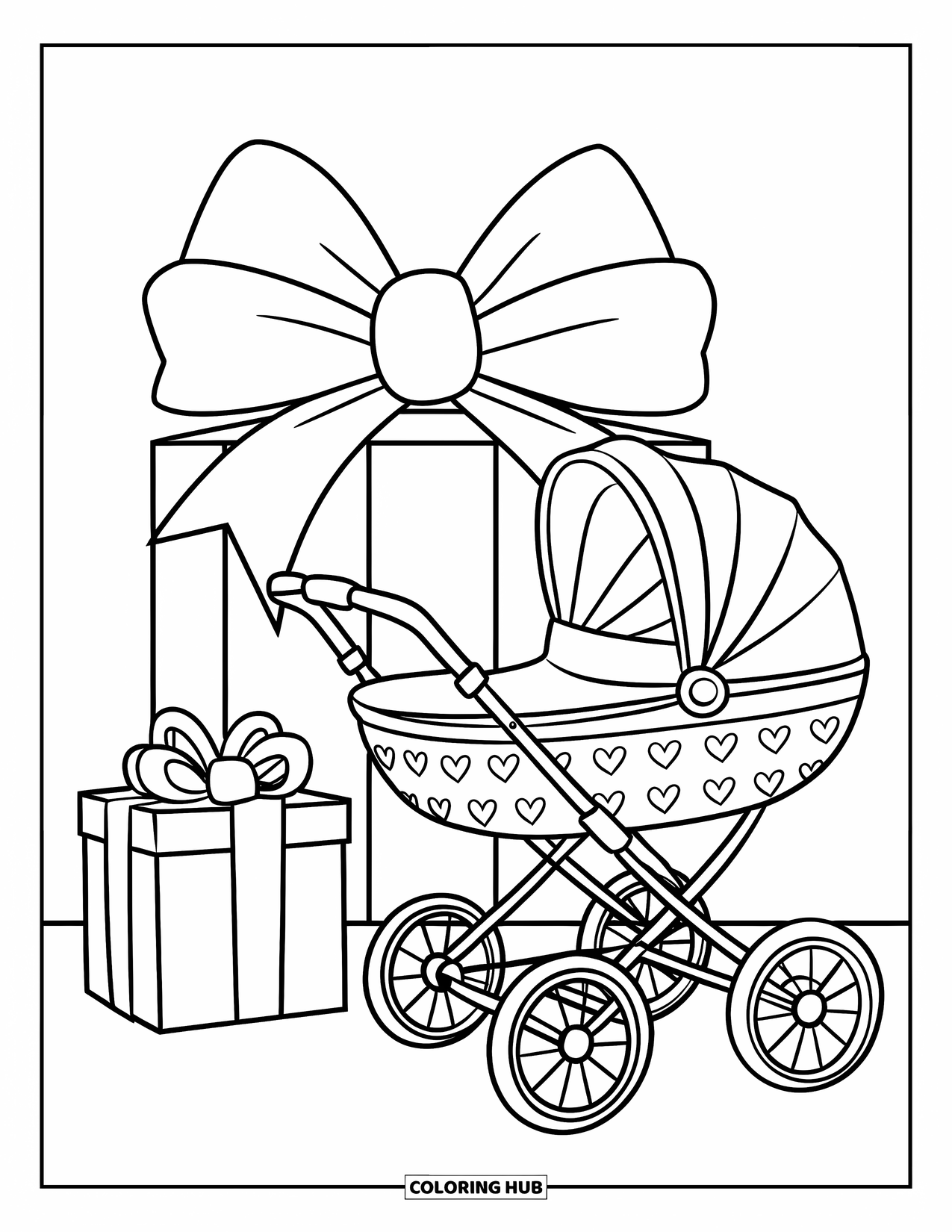 Baby Shower Coloring Page for Kids: A heart-patterned stroller is parked next to a bow and a gift box
