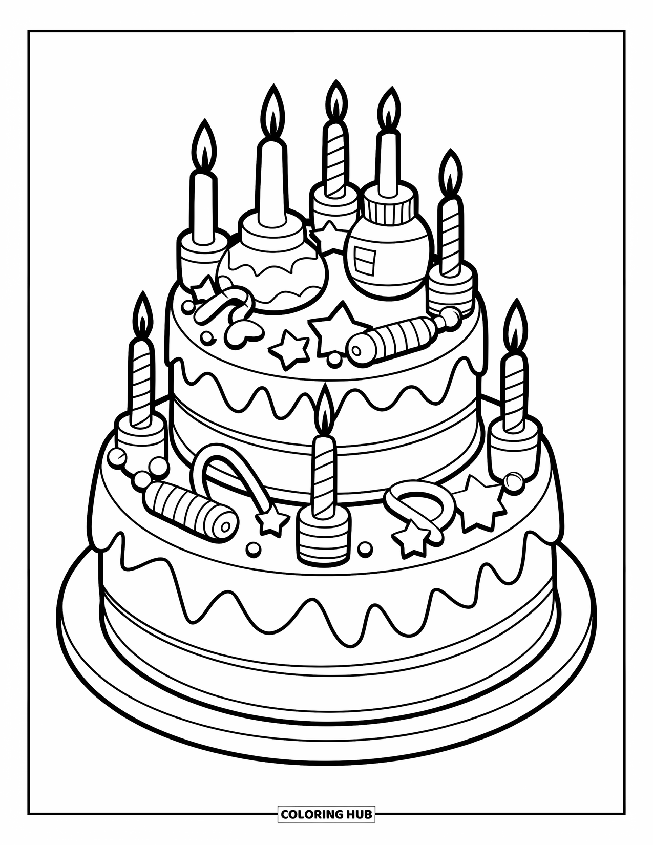 Baby Shower Coloring Page for Kids: A layered baby shower cake is topped with rattles, bottles, stars, and candles