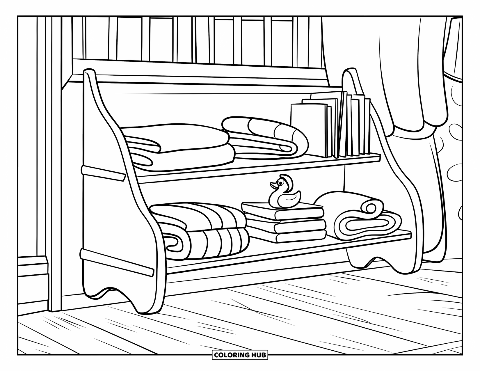 Baby Shower Coloring Page for Kids: A nursery shelf stands near a window, holding blankets, books, and a rubber duck