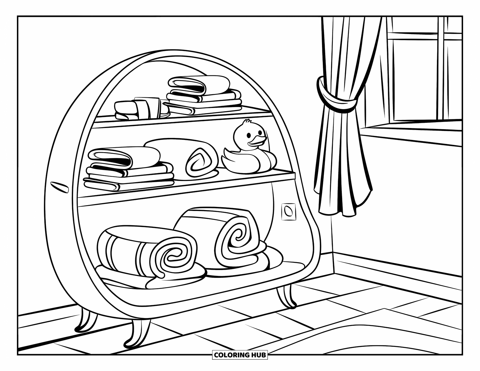 Baby Shower Coloring Page for Kids: A nursery shelf with blankets, books, and a rubber duck sits near a curtained window