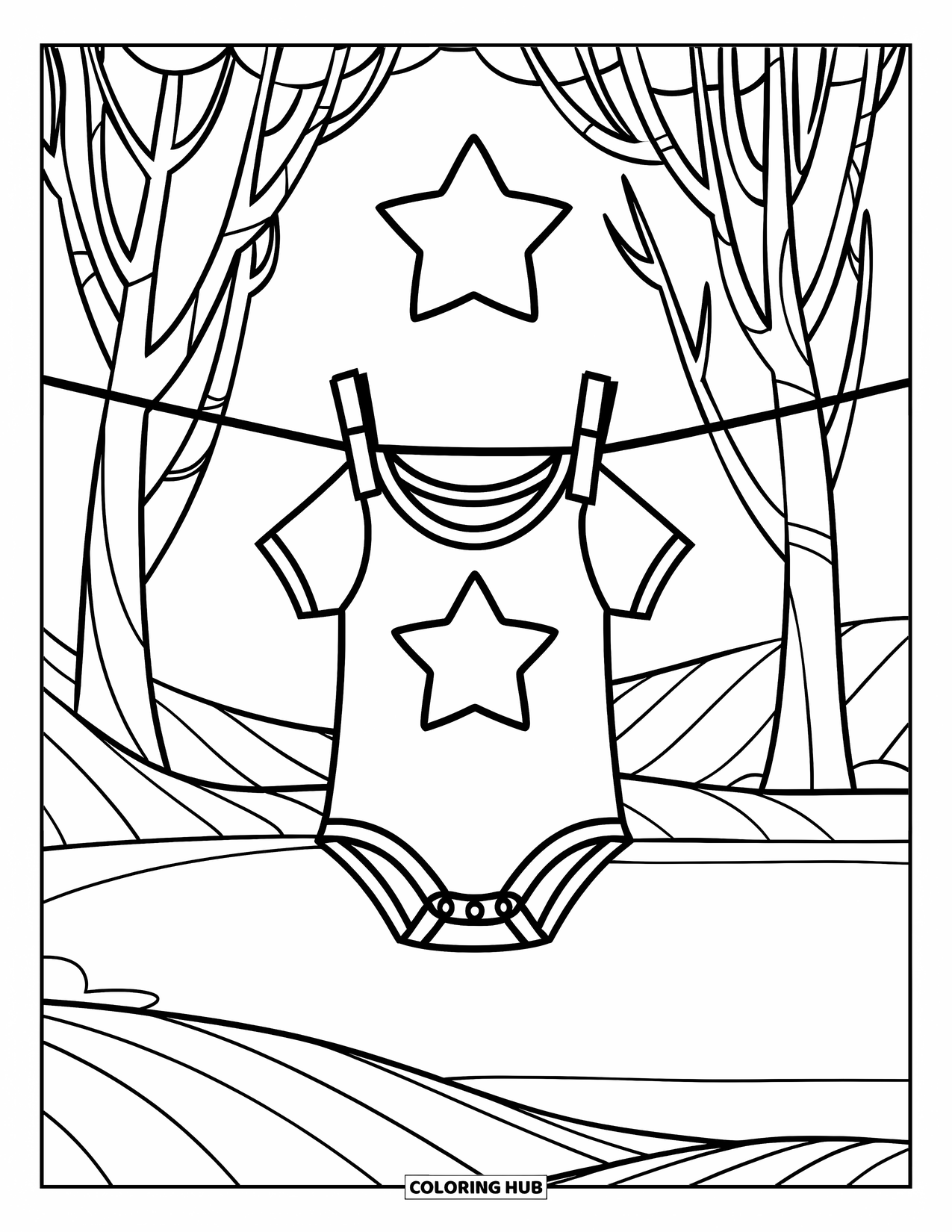 Baby Shower Coloring Page for Kids: A onesie sways on a line between trees, with hills and water in the background