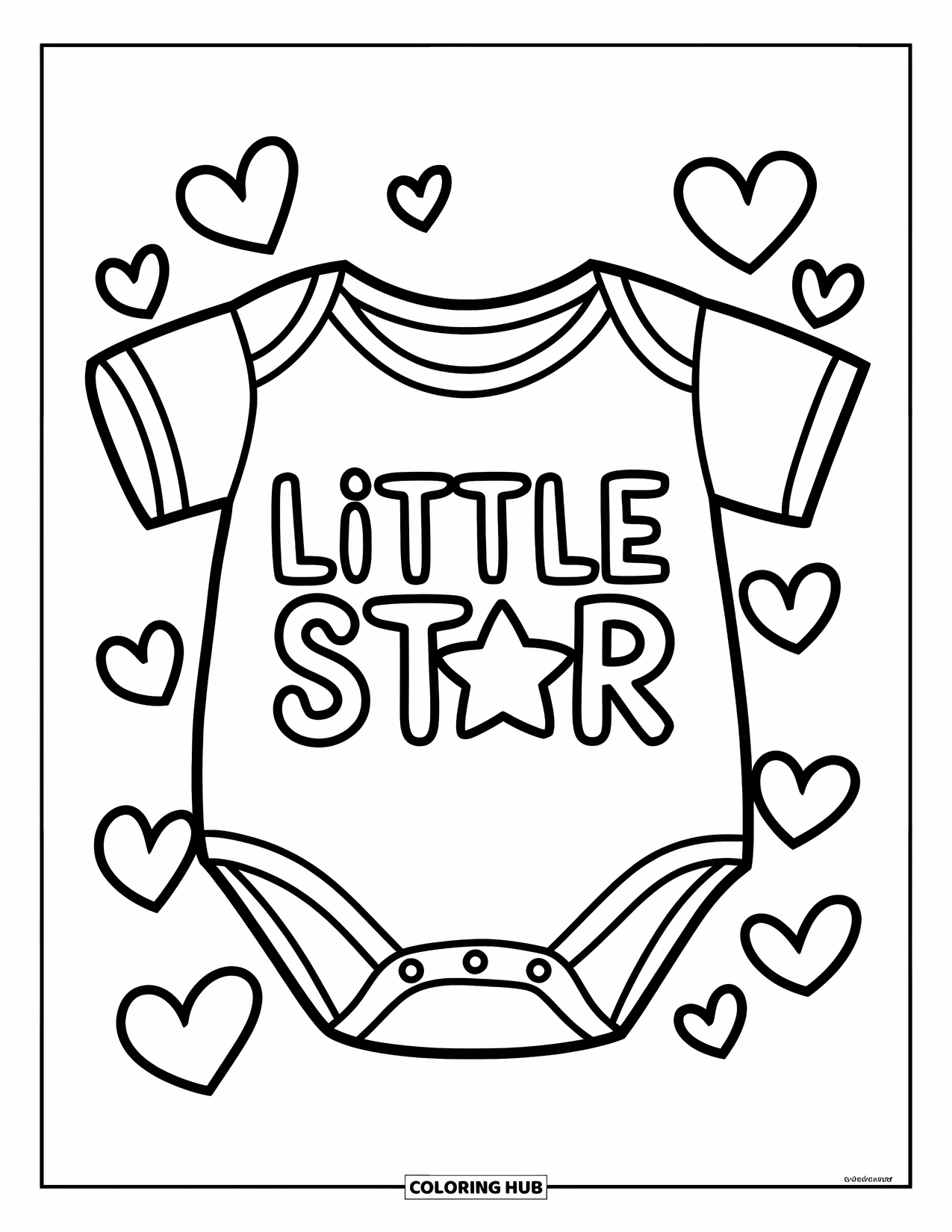 Baby Shower Coloring Page for Kids: A onesie with "Little Star" floats among hearts on a clean background