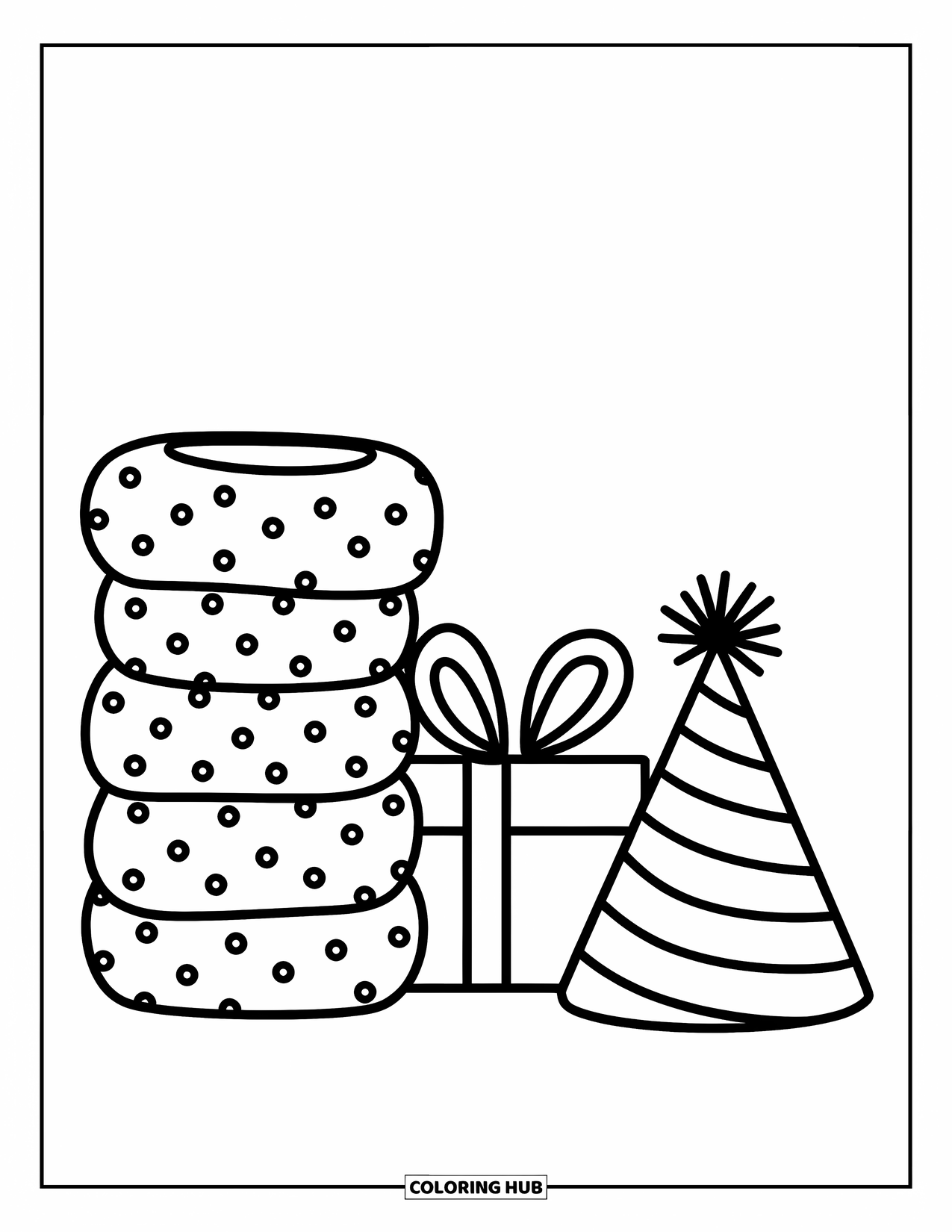 Baby Shower Coloring Page for Kids: A party hat, wrapped gift, and diaper stack sit together in a simple, cute setup
