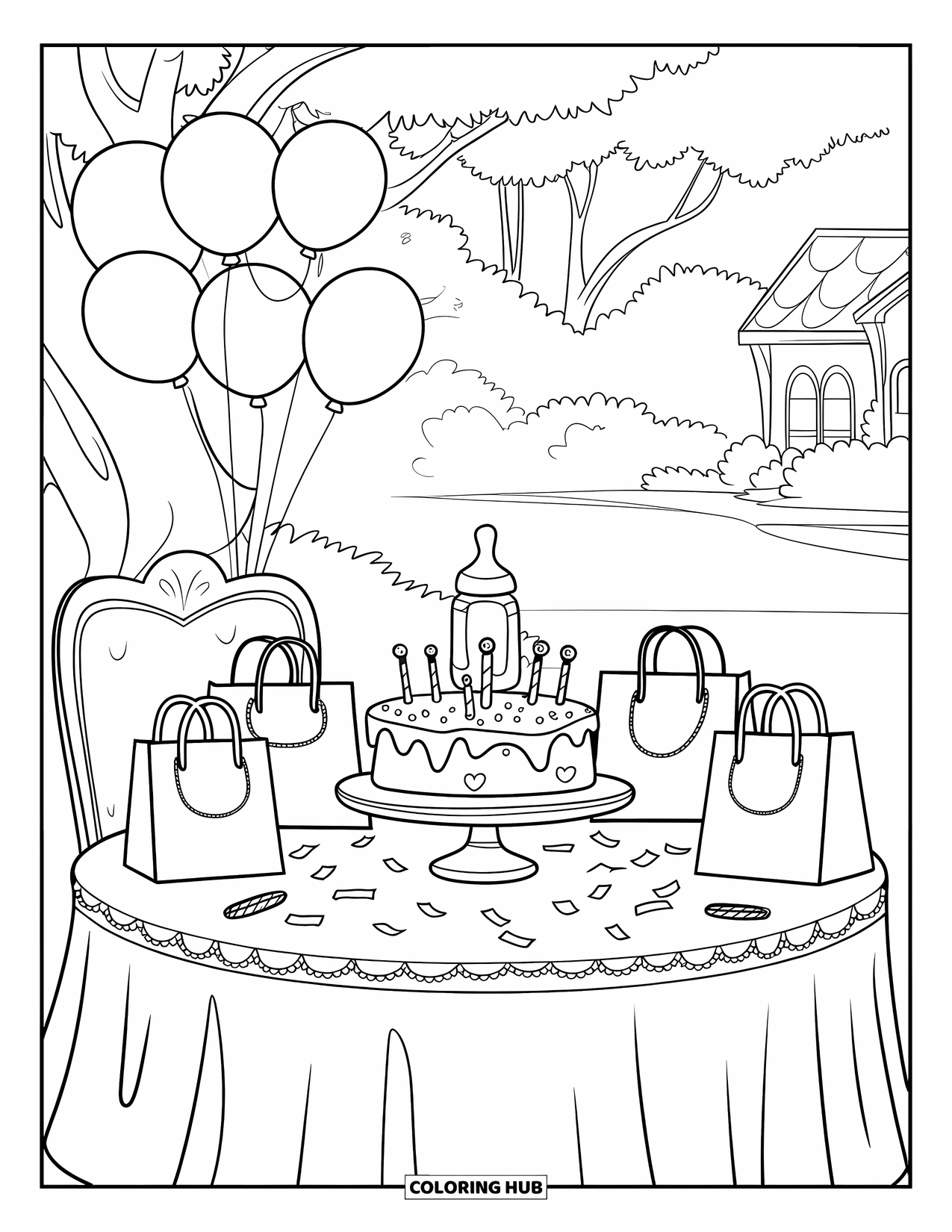 Baby Shower Coloring Page for Kids: A party table under a tree holds balloons, cake, and cheerful baby gifts