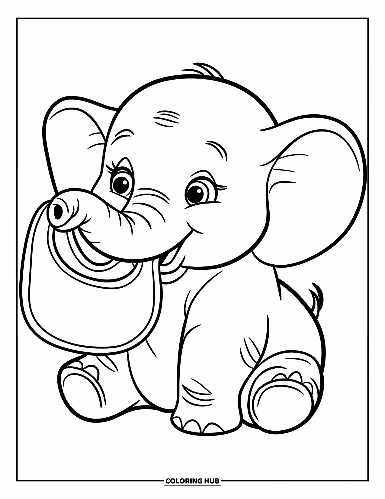 Baby Shower Coloring Page for Kids: A playful baby elephant with big eyes holds a tiny bib in its trunk