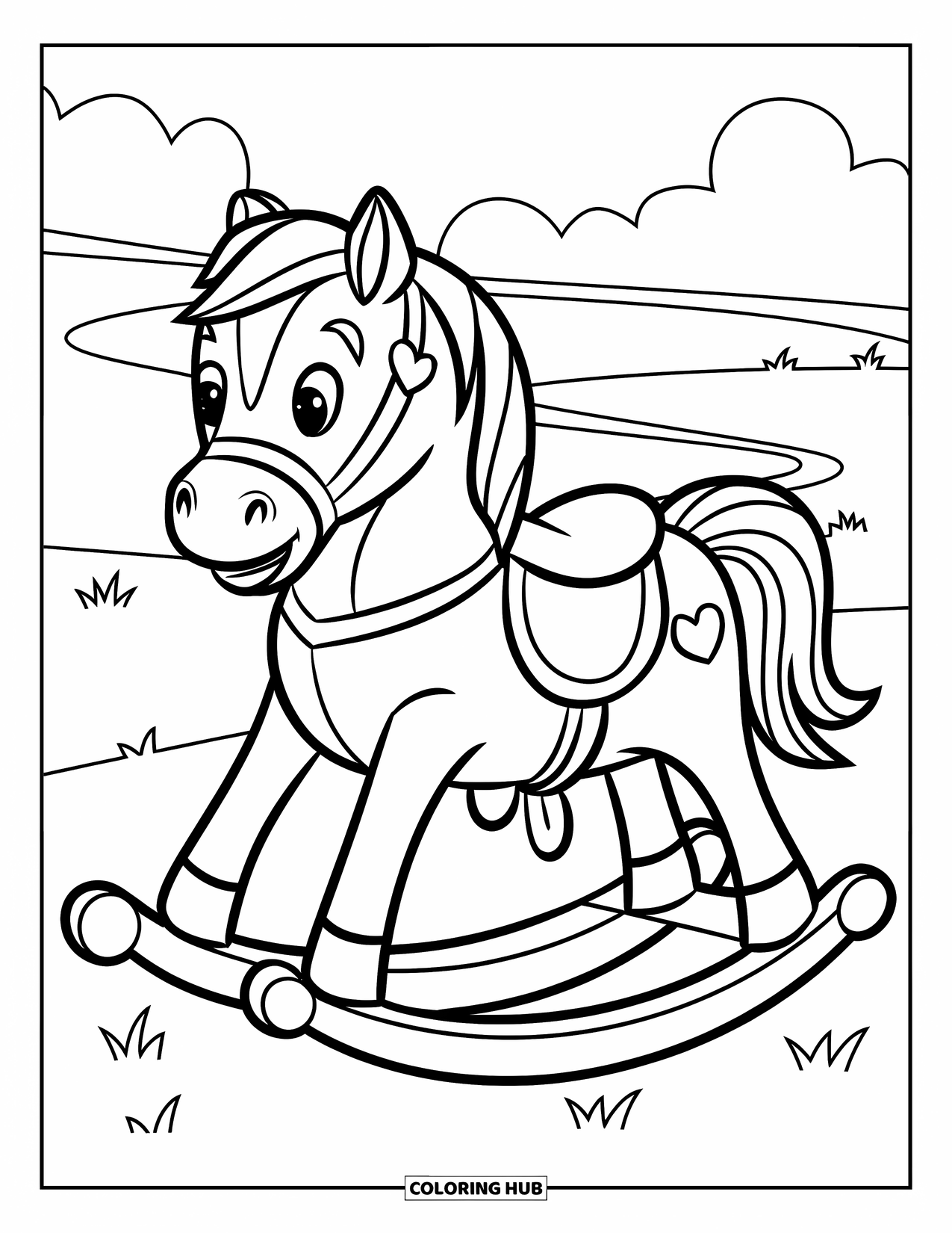 Baby Shower Coloring Page for Kids: A rocking horse with hearts rests in a grassy field