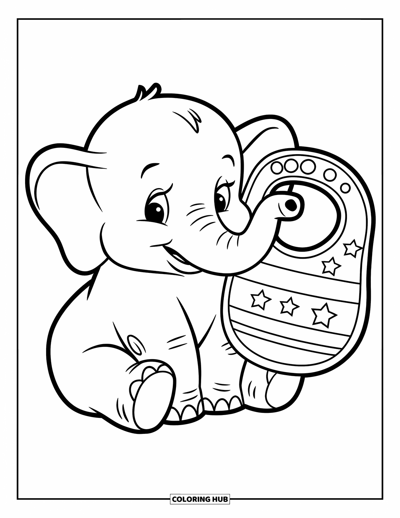 Baby Shower Coloring Page for Kids: A seated elephant with a star-patterned bib rests in a calm, open space