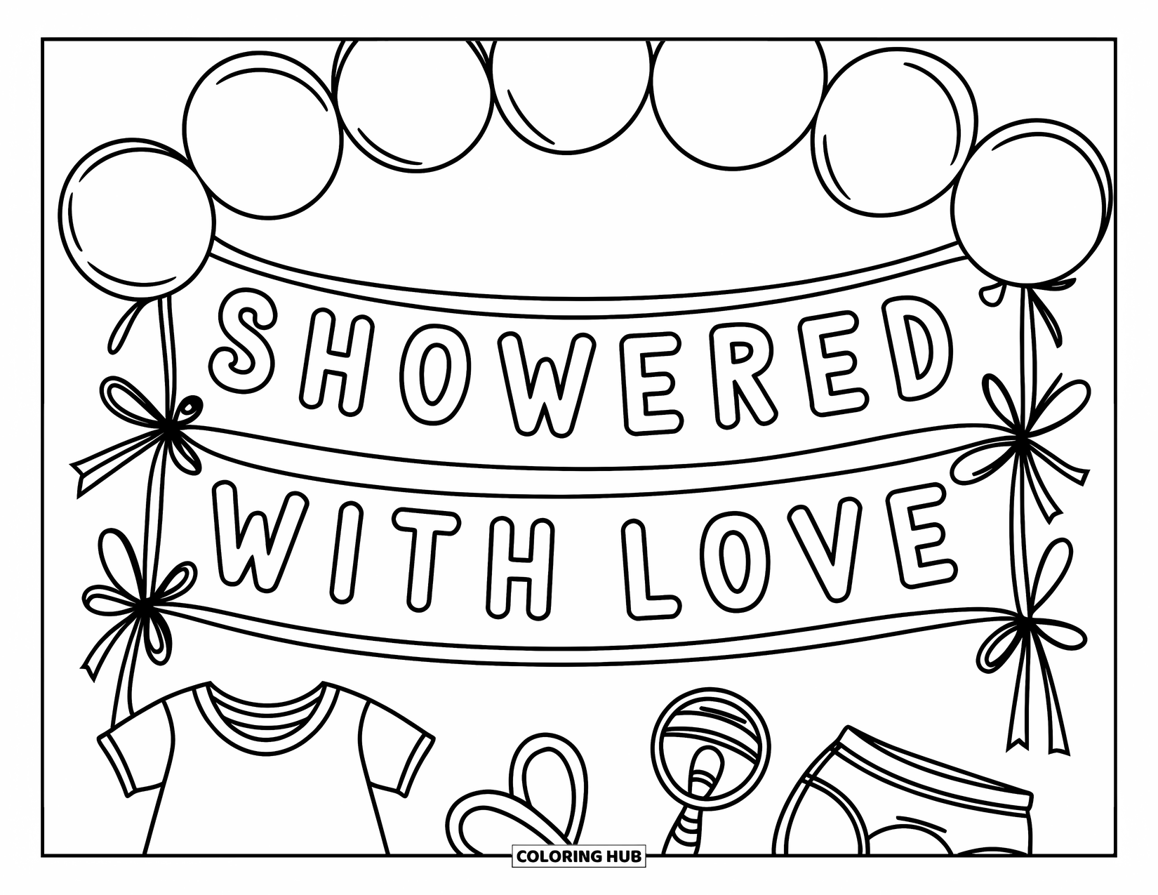 Baby Shower Coloring Page for Kids: A "Showered with Love" banner hangs above baby items and a fun balloon arch