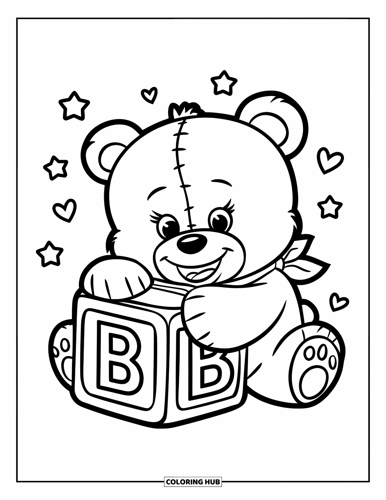 Baby Shower Coloring Page for Kids: A smiling bear in a scarf hugs a "B" block with stars and hearts around