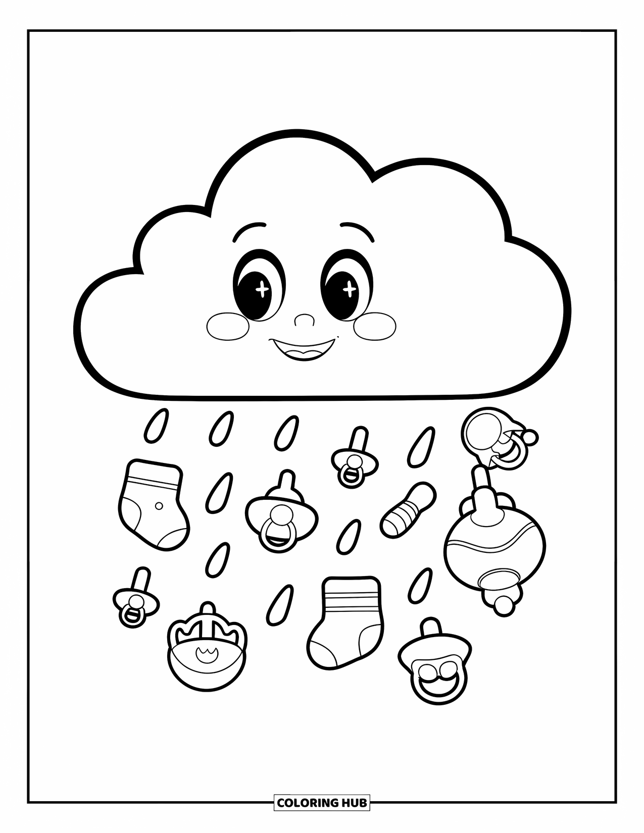 Baby Shower Coloring Page for Kids: A smiling cloud rains socks and pacifiers over a peaceful sky