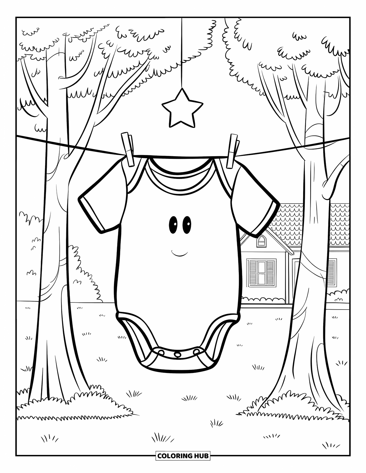 Baby Shower Coloring Page for Kids: A smiling onesie hangs between two trees with a star above and a house nearby