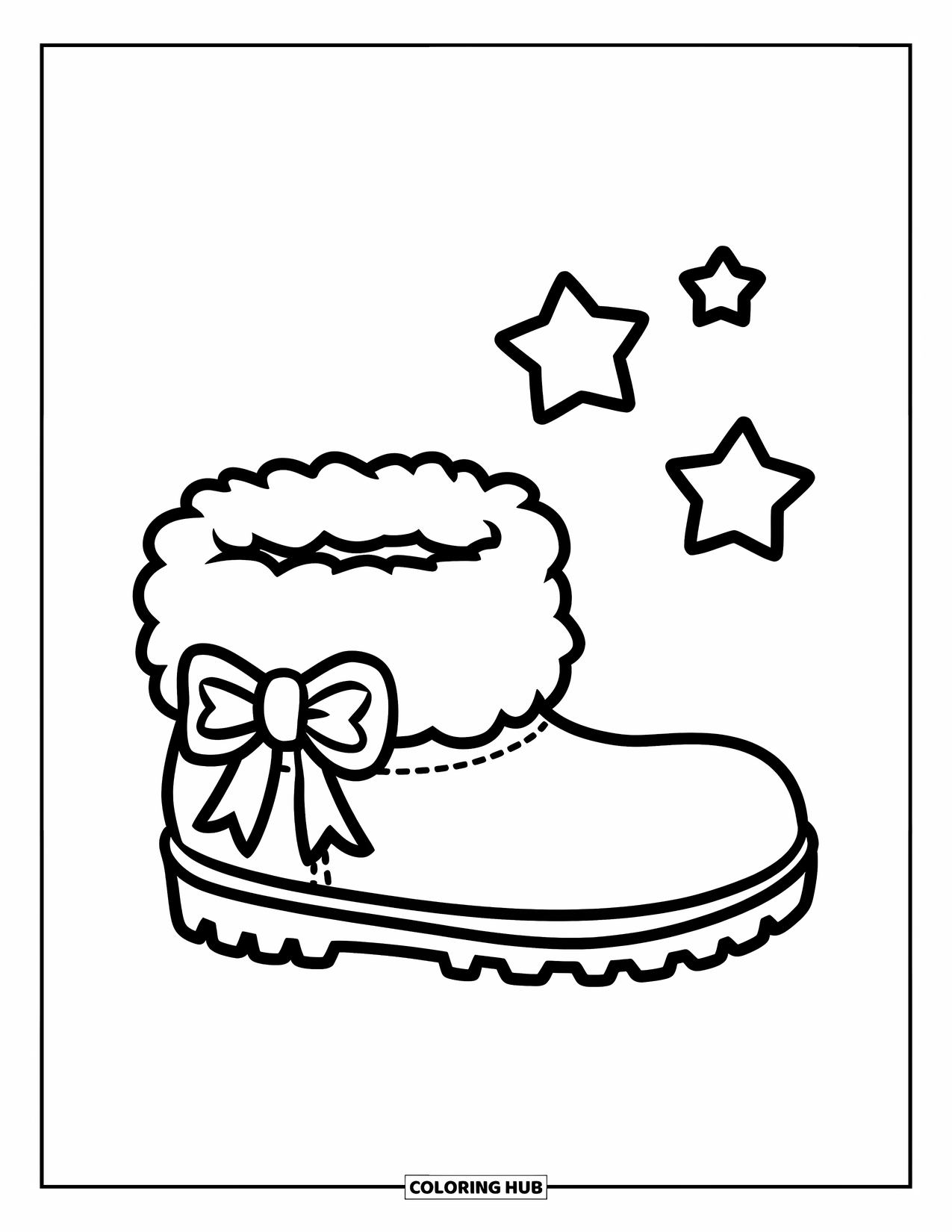 Baby Shower Coloring Page for Kids: A soft bootie with a ribbon bow is surrounded by three twinkling stars