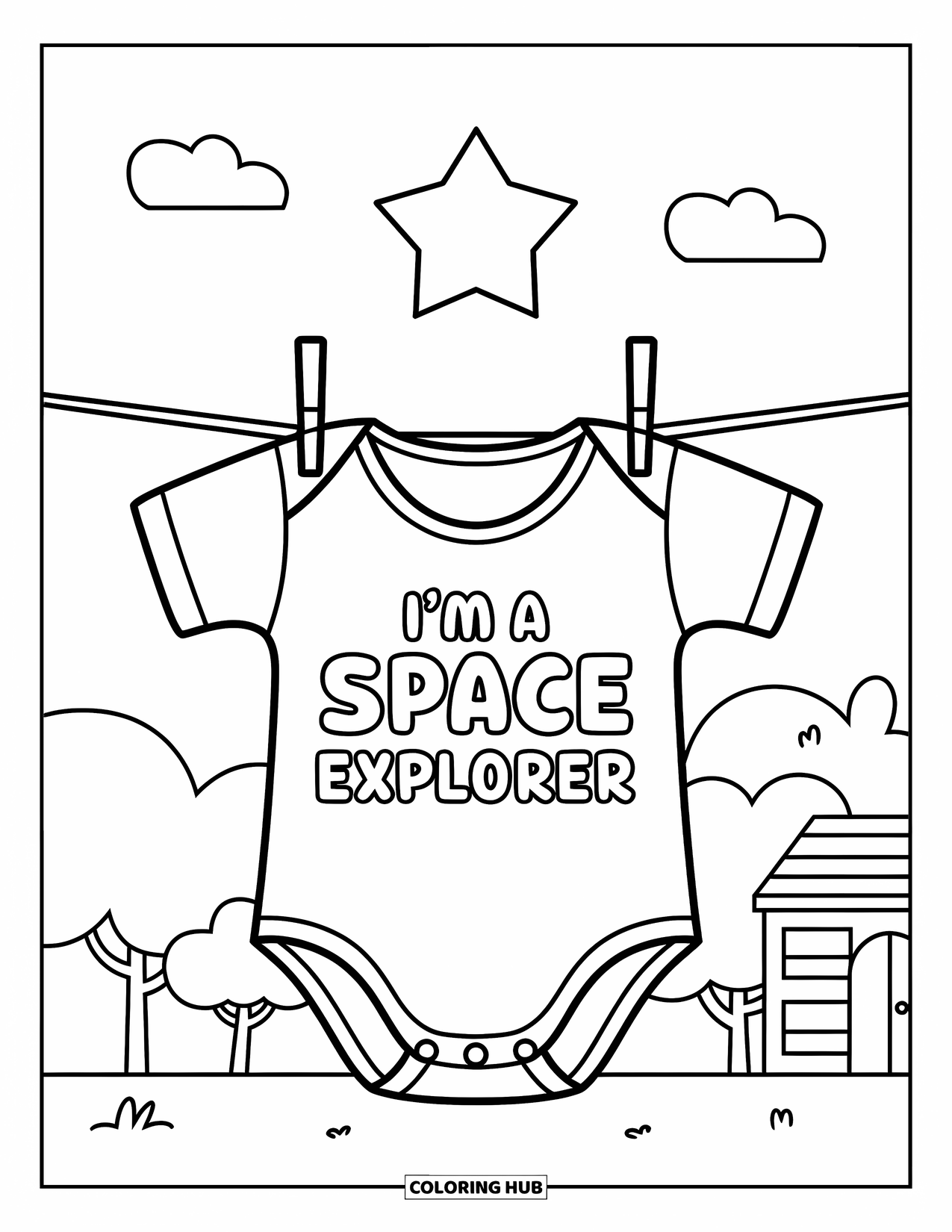 Baby Shower Coloring Page for Kids: A "space explorer" onesie hangs on a line with clouds, trees, and a house behind