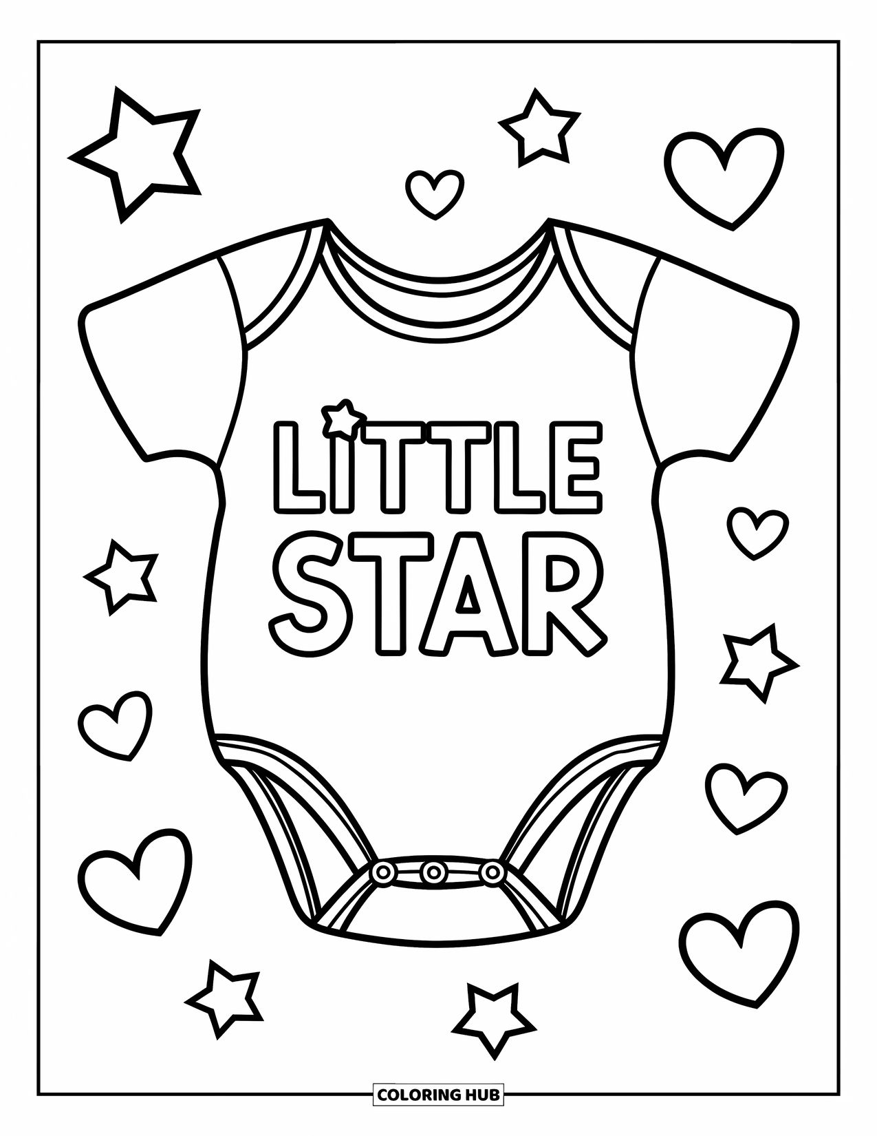 Baby Shower Coloring Page for Kids: A starry onesie with hearts and stars floats in a cheerful, bold-outlined design