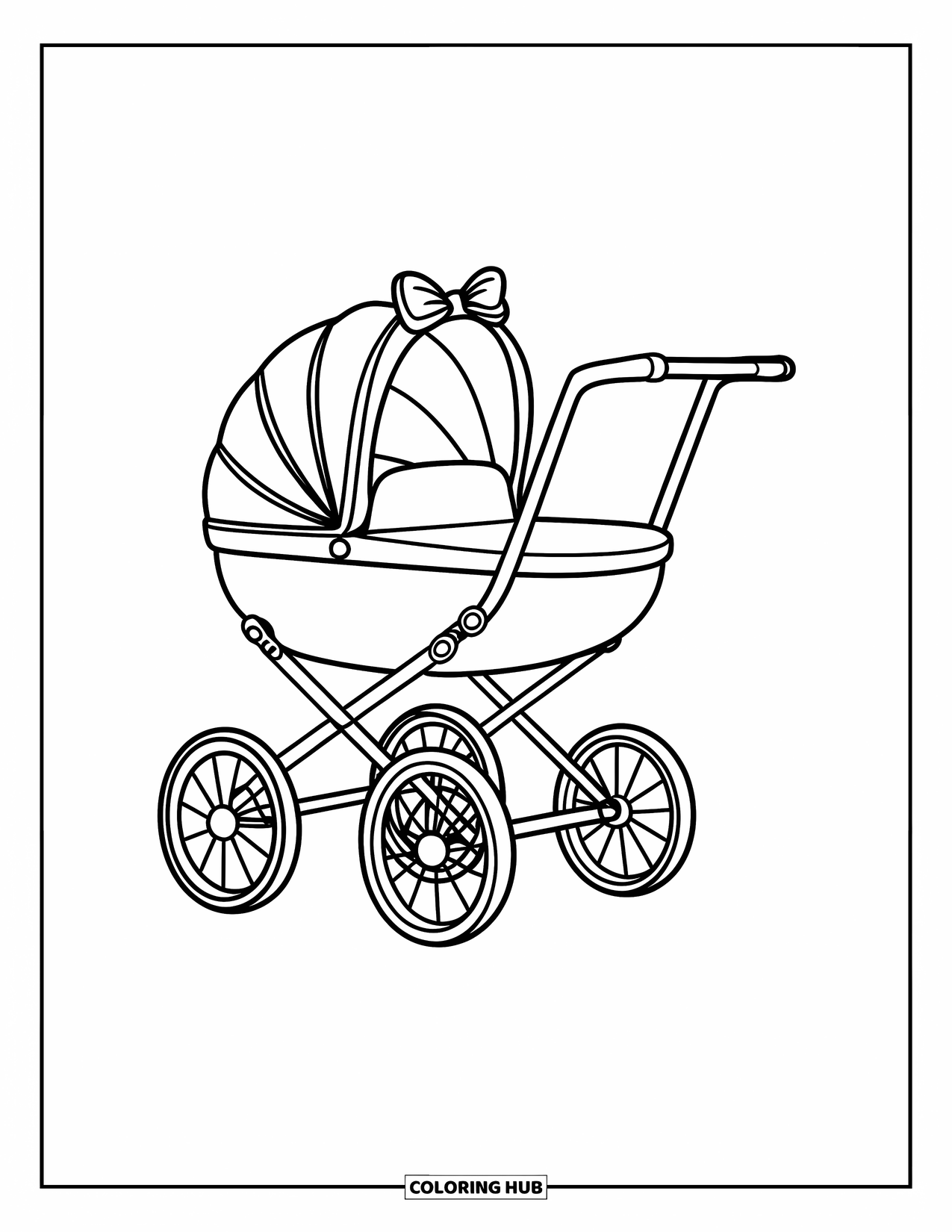 Baby Shower Coloring Page for Kids: A stroller with big wheels and a bow sits ready in a peaceful setting