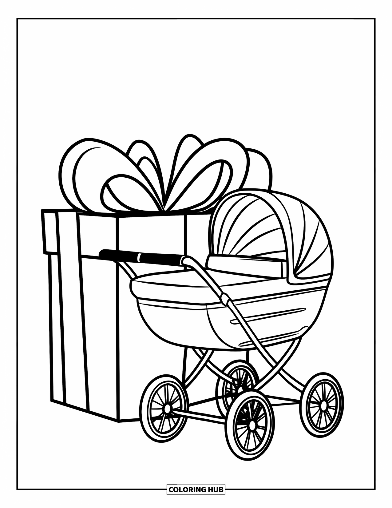 Baby Shower Coloring Page for Kids: A stroller with two wheels sits beside a bow and gift box in a clean scene