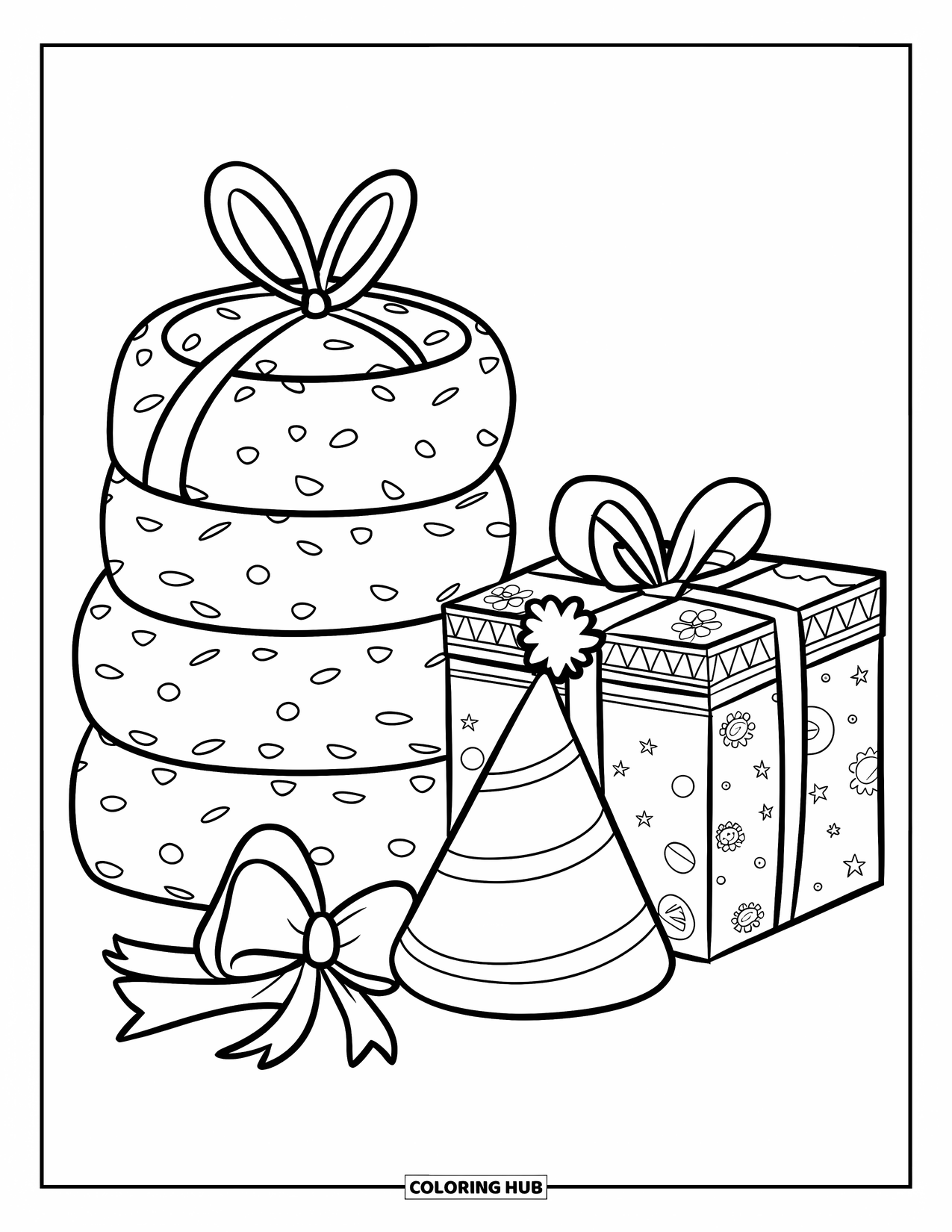 Baby Shower Coloring Page for Kids: A tall diaper stack with a ribbon sits beside a gift and party hat with a big bow