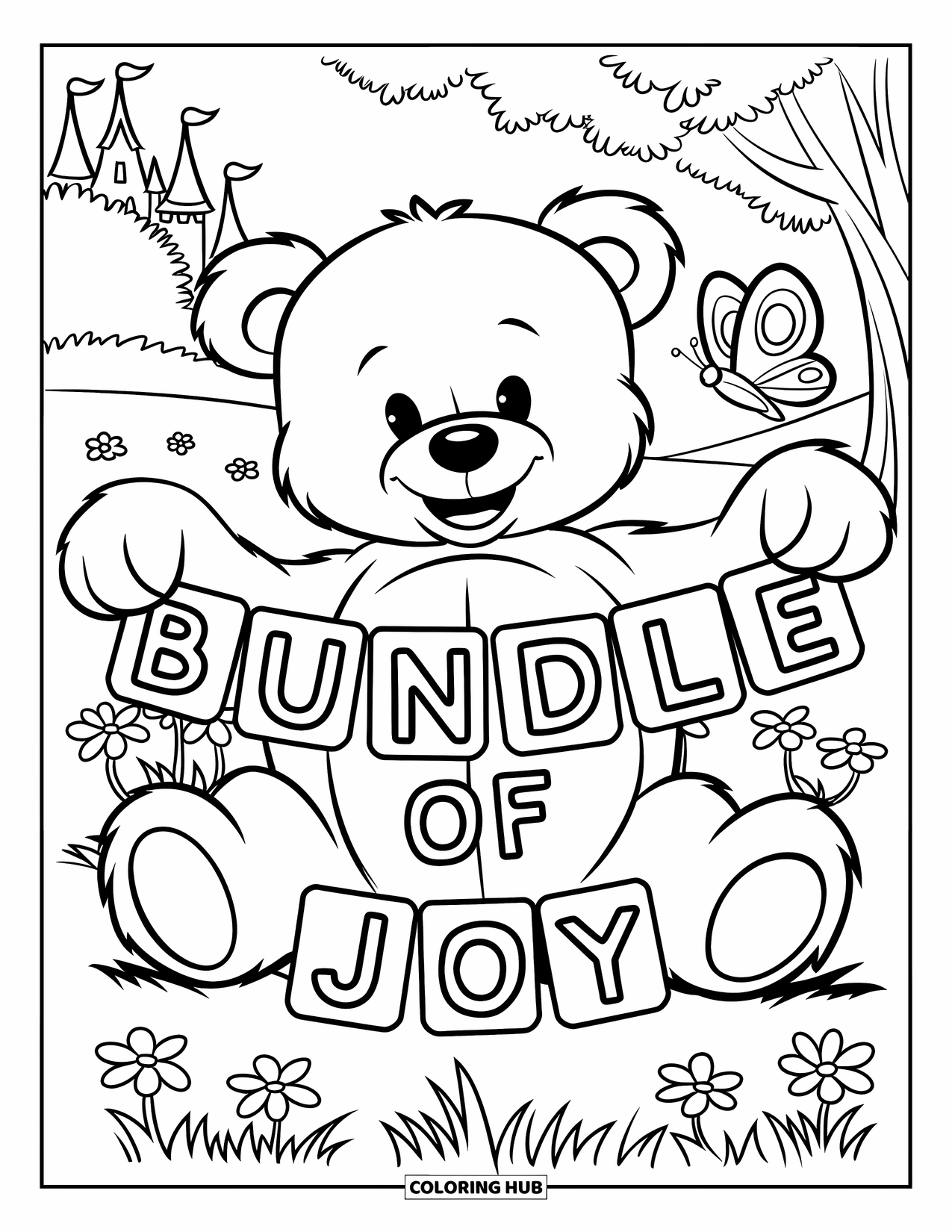 Baby Shower Coloring Page for Kids: A teddy bear in a flower meadow holds a "Bundle of Joy" banner with a castle nearby