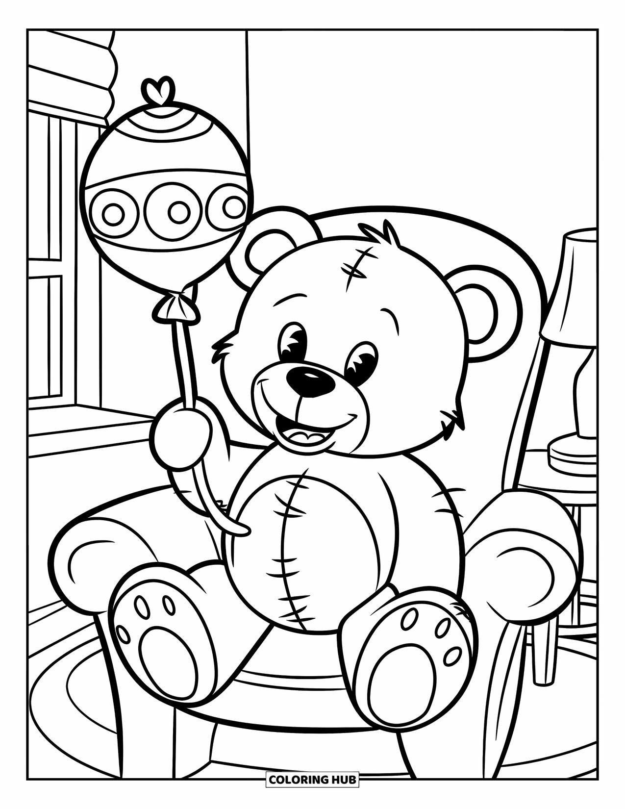 Baby Shower Coloring Page for Kids: A teddy bear on a chair holds a balloon shaped like a baby rattle