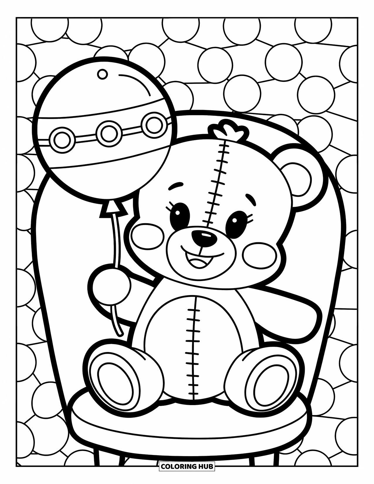 Baby Shower Coloring Page for Kids: A teddy sits with a rattle balloon in a room with playful patterns behind