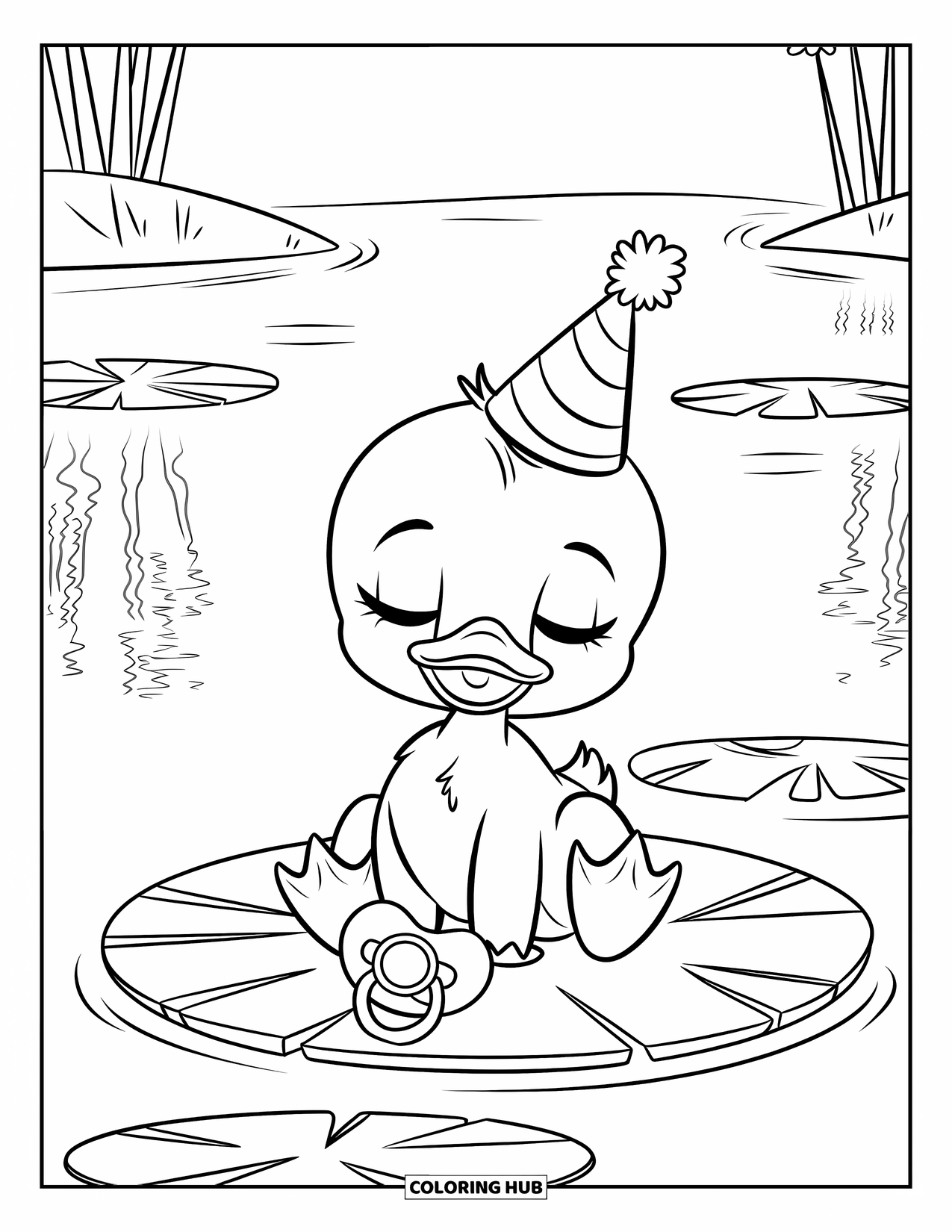 Baby Shower Coloring Page for Kids: A tiny duckling with closed eyes and a hat floats on a calm lily pad