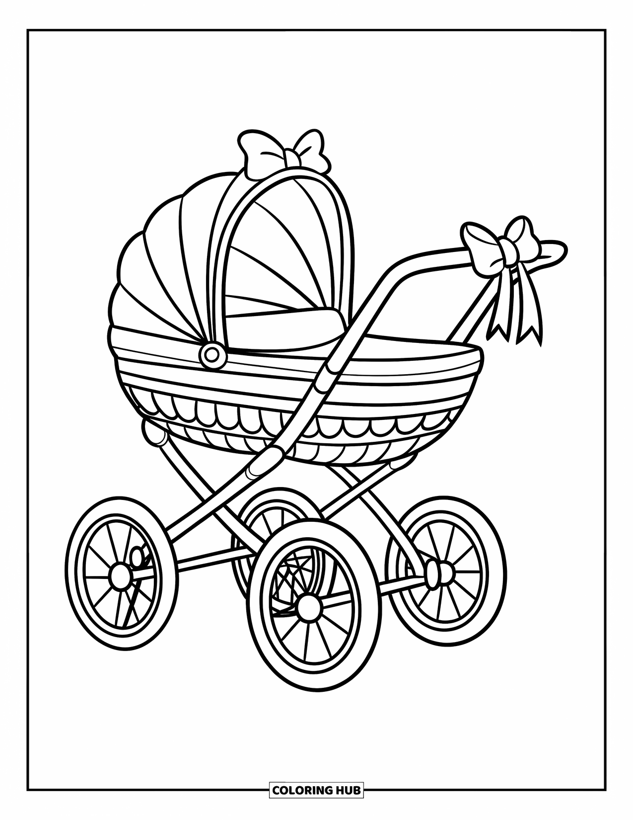 Baby Shower Coloring Page for Kids: A two-seat stroller with a bow and basket stands with its large wheels showing