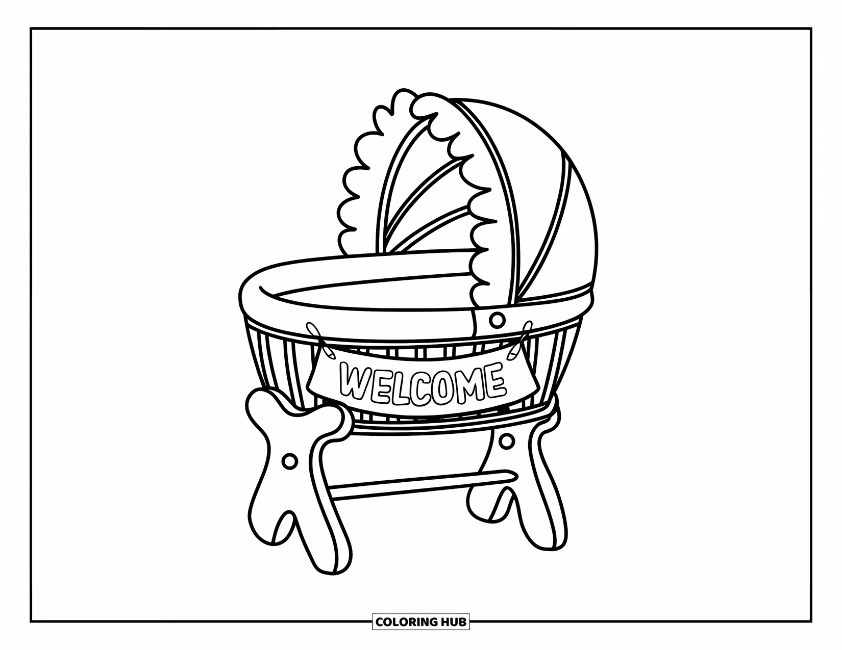 Baby Shower Coloring Page for Kids: A wooden bassinet with a small "Welcome" banner sits in a calm, clean space