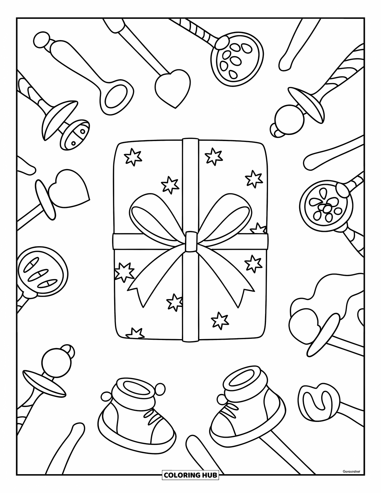 Baby Shower Coloring Page for Kids: A wrapped baby gift is surrounded by rattles and tiny booties