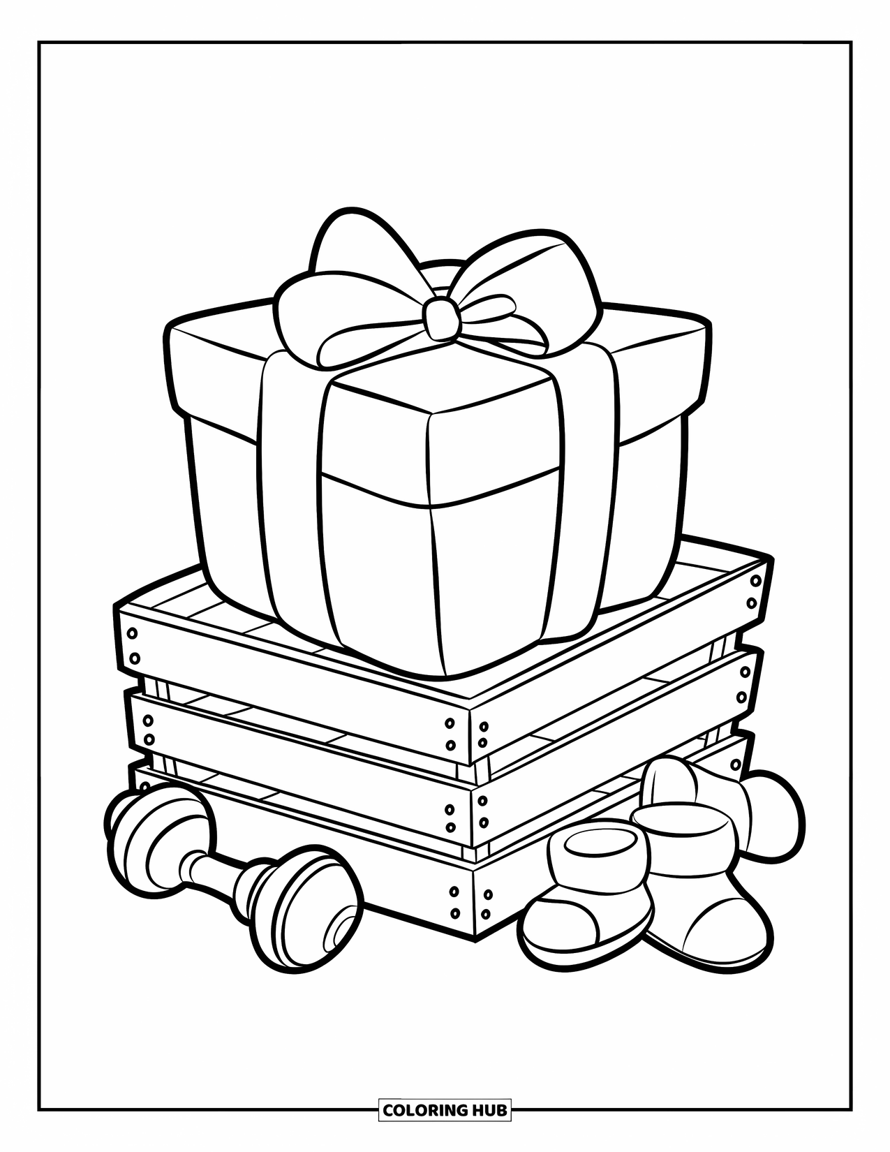 Baby Shower Coloring Page for Kids: A wrapped gift sits on a crate with rattles and booties scattered around it