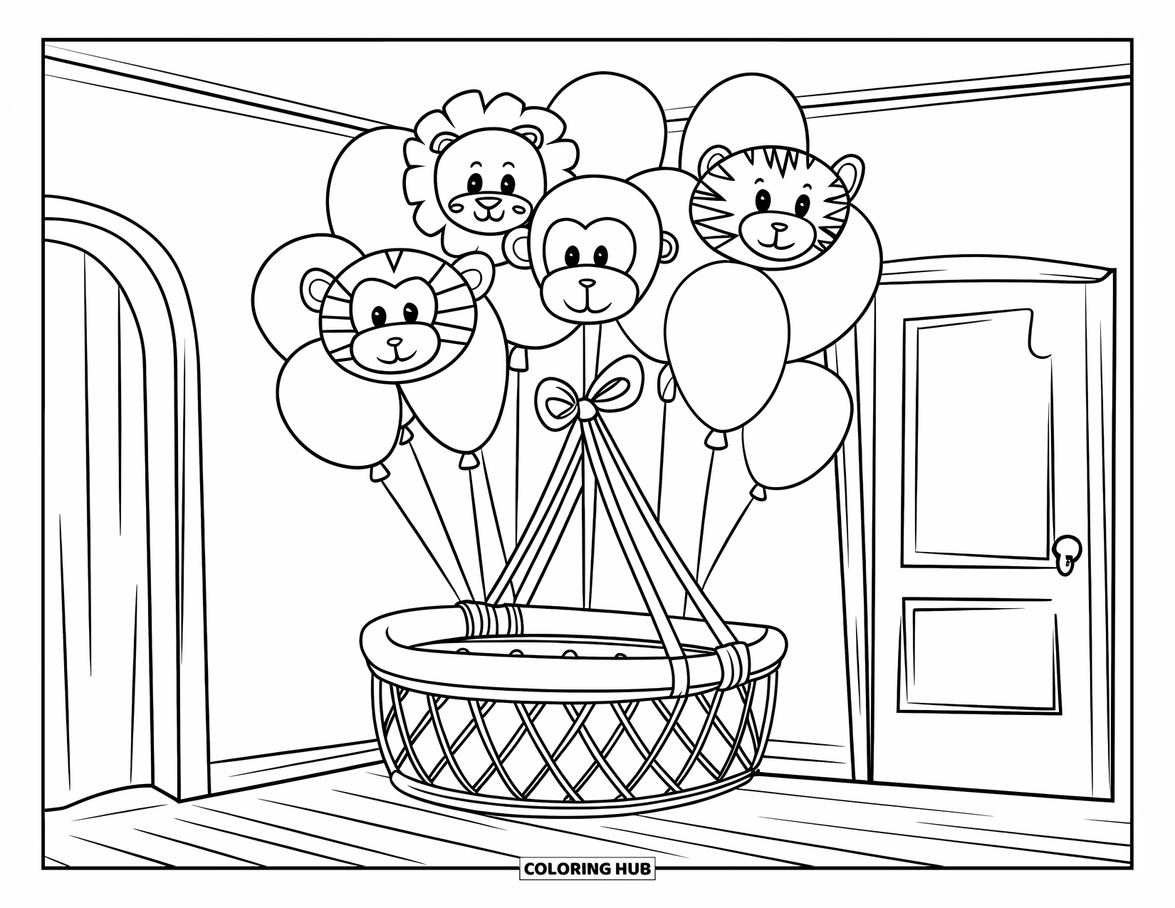 Baby Shower Coloring Page for Kids: Animal-shaped balloons float above a bassinet hanging from the ceiling in a cozy room
