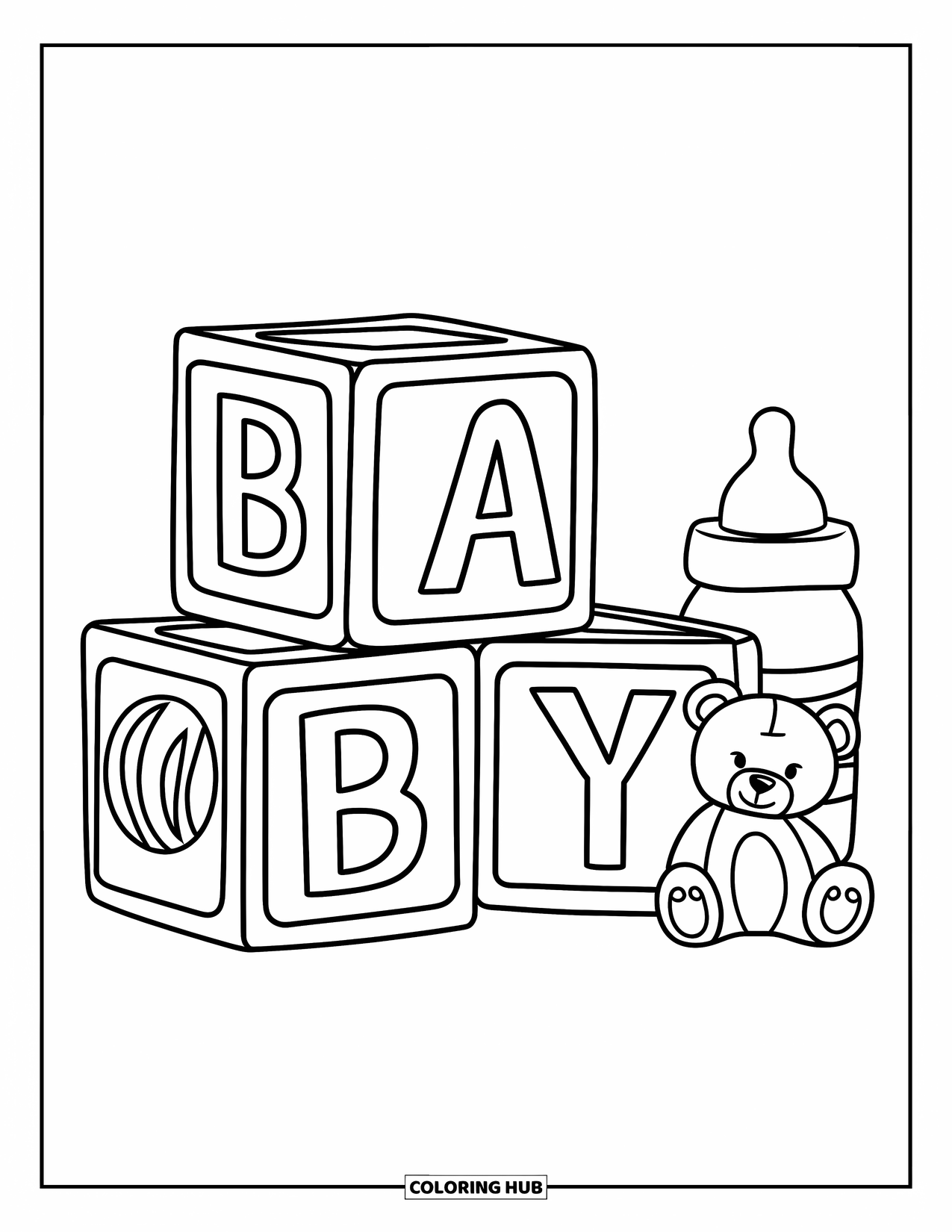 Baby Shower Coloring Page for Kids: Blocks that spell "BABY" are joined by a bottle and a cuddly teddy