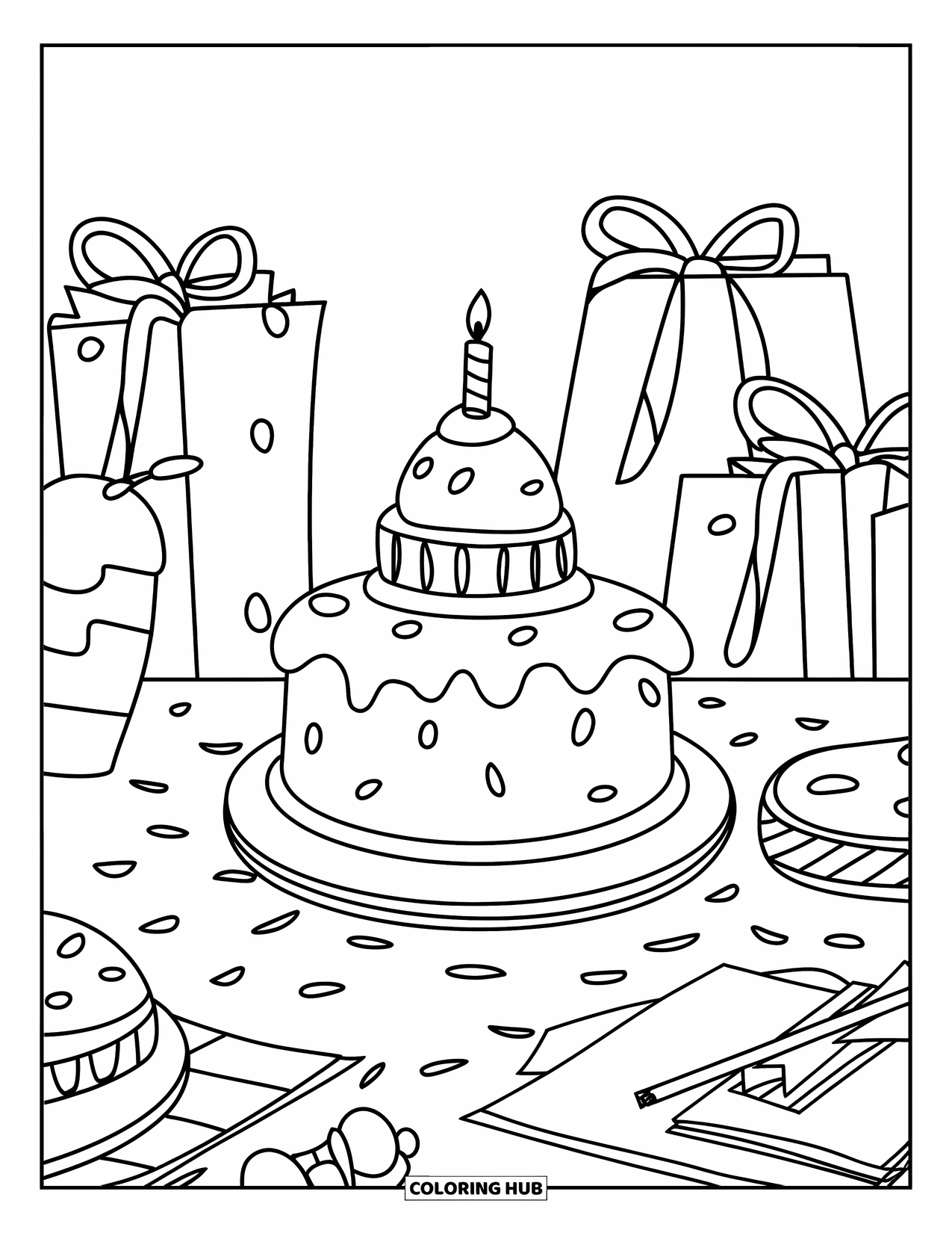 Baby Shower Coloring Page for Kids: Gift bags and a bottle-shaped cake decorate a happy baby shower table