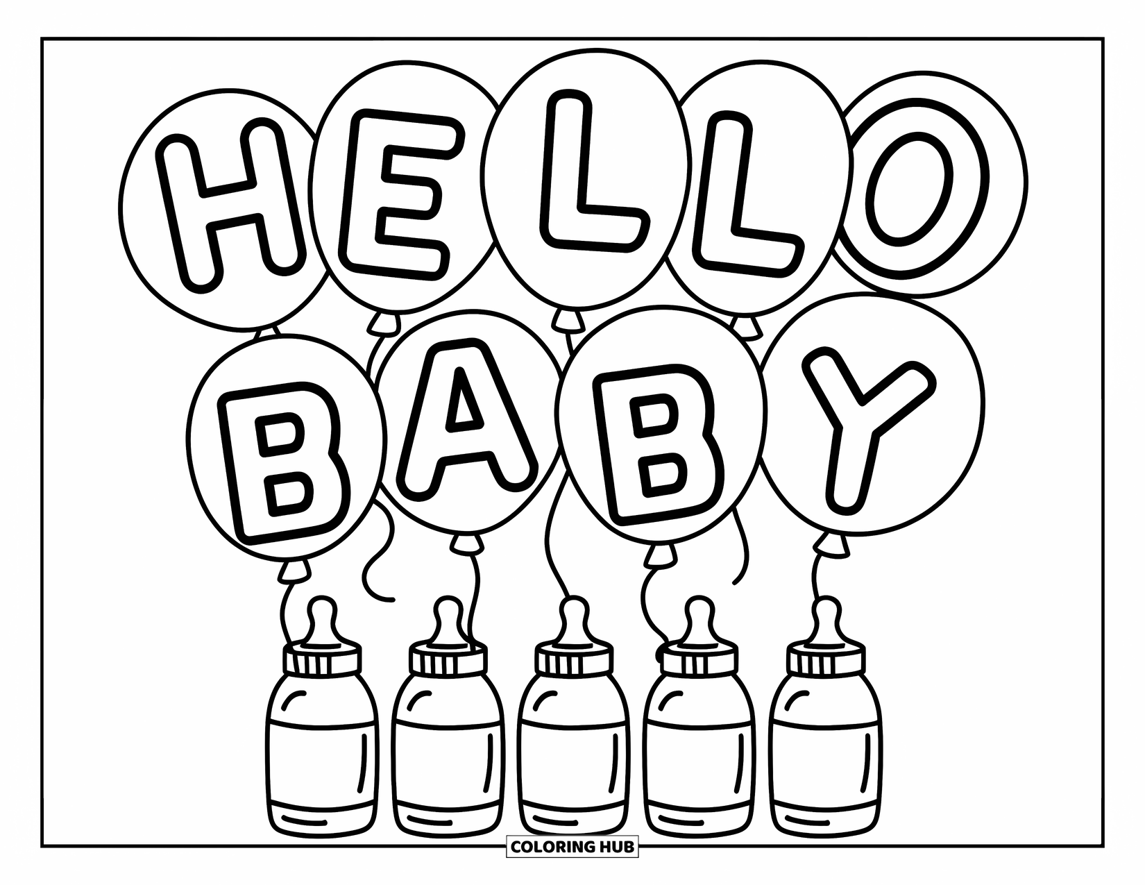 Baby Shower Coloring Page for Kids: "Hello Baby" floats above five bottles with a fun and bubbly vibe