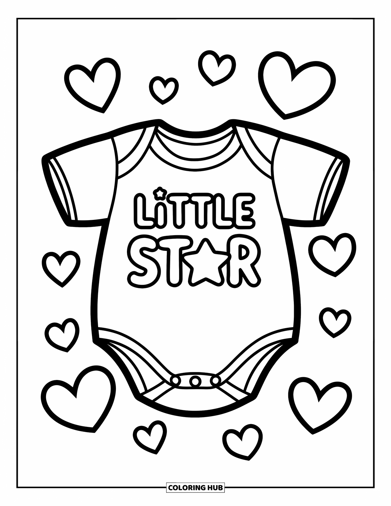 Baby Shower Coloring Page for Kids: "Little Star" onesie is surrounded by floating hearts in a sweet and simple scene