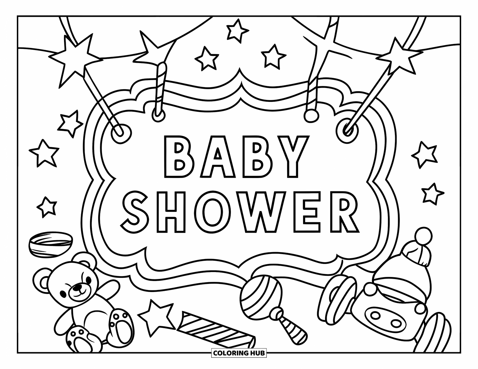 Baby Shower Coloring Page for Kids: Toys and stars surround a cheerful "Baby Shower" sign on a white background