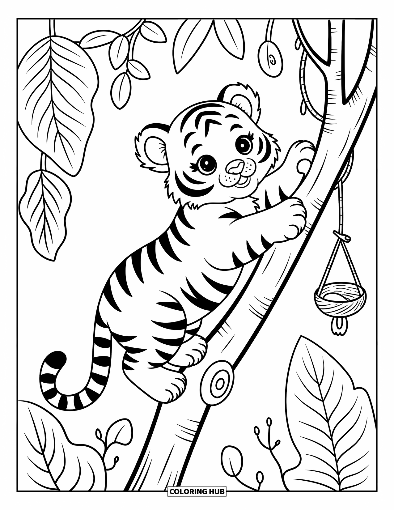 Kolorowanka z Tygryskiem dla Dorosłych: Przygoda małego tygrysa wspinającego się na niskie drzewo w pobliżu przytulnego gniazda