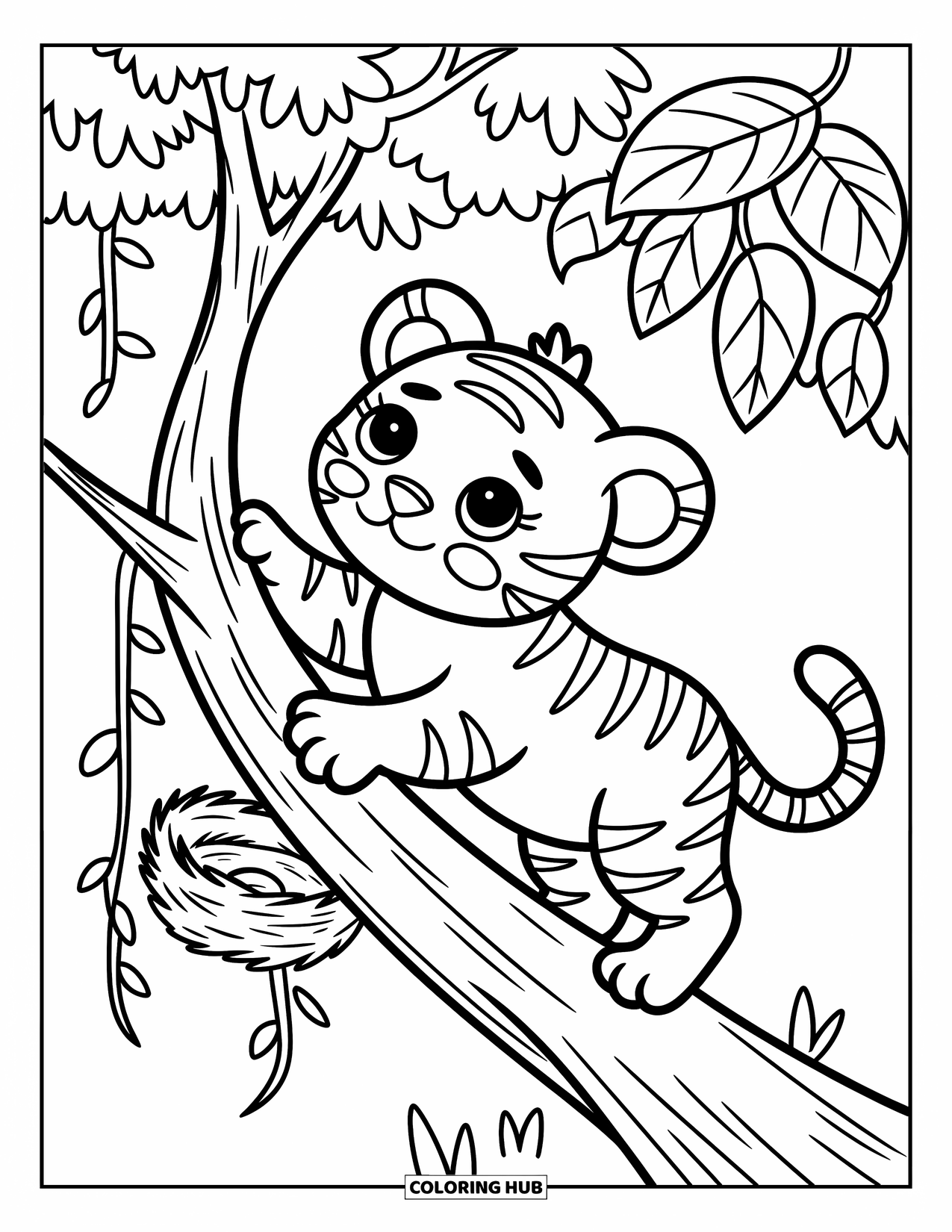 Kolorowanka z Tygryskiem dla Dorosłych: Mały tygrys wspina się na gałąź, wyciągając łapę w kierunku wielkich liści