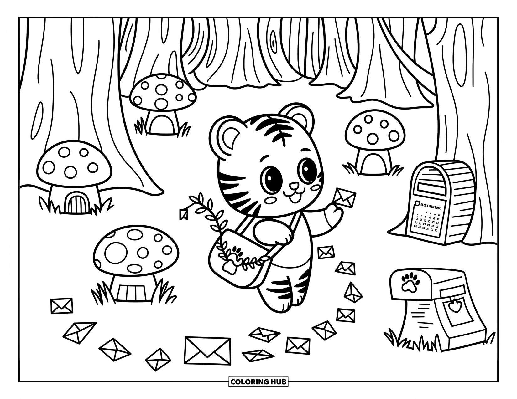 Kolorowanka z Tygryskiem dla Dorosłych: Mały tygrys dostarcza maleńkie listy do domków grzybowych z torbą z liścia