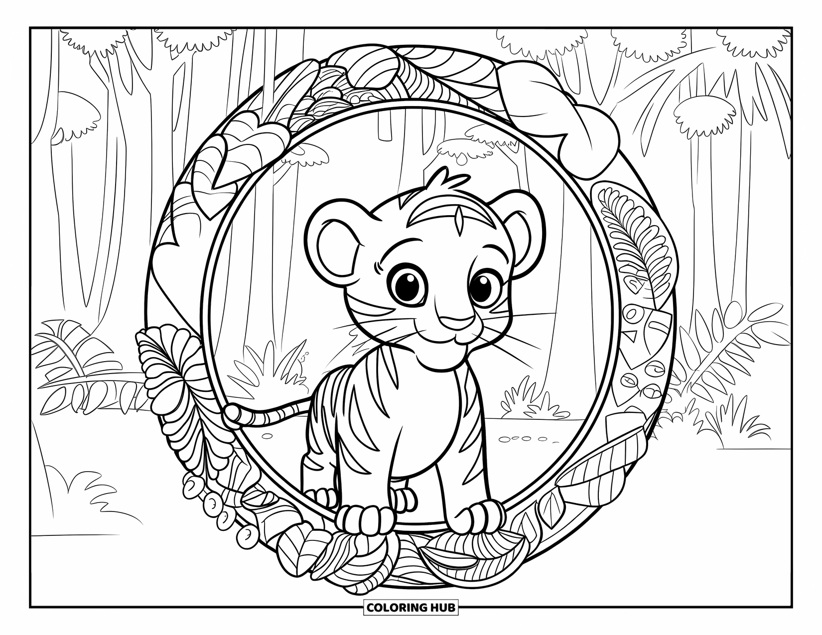 Kolorowanka z Tygryskiem dla Dorosłych: Mały tygrys spogląda z ramy dżungli z liści