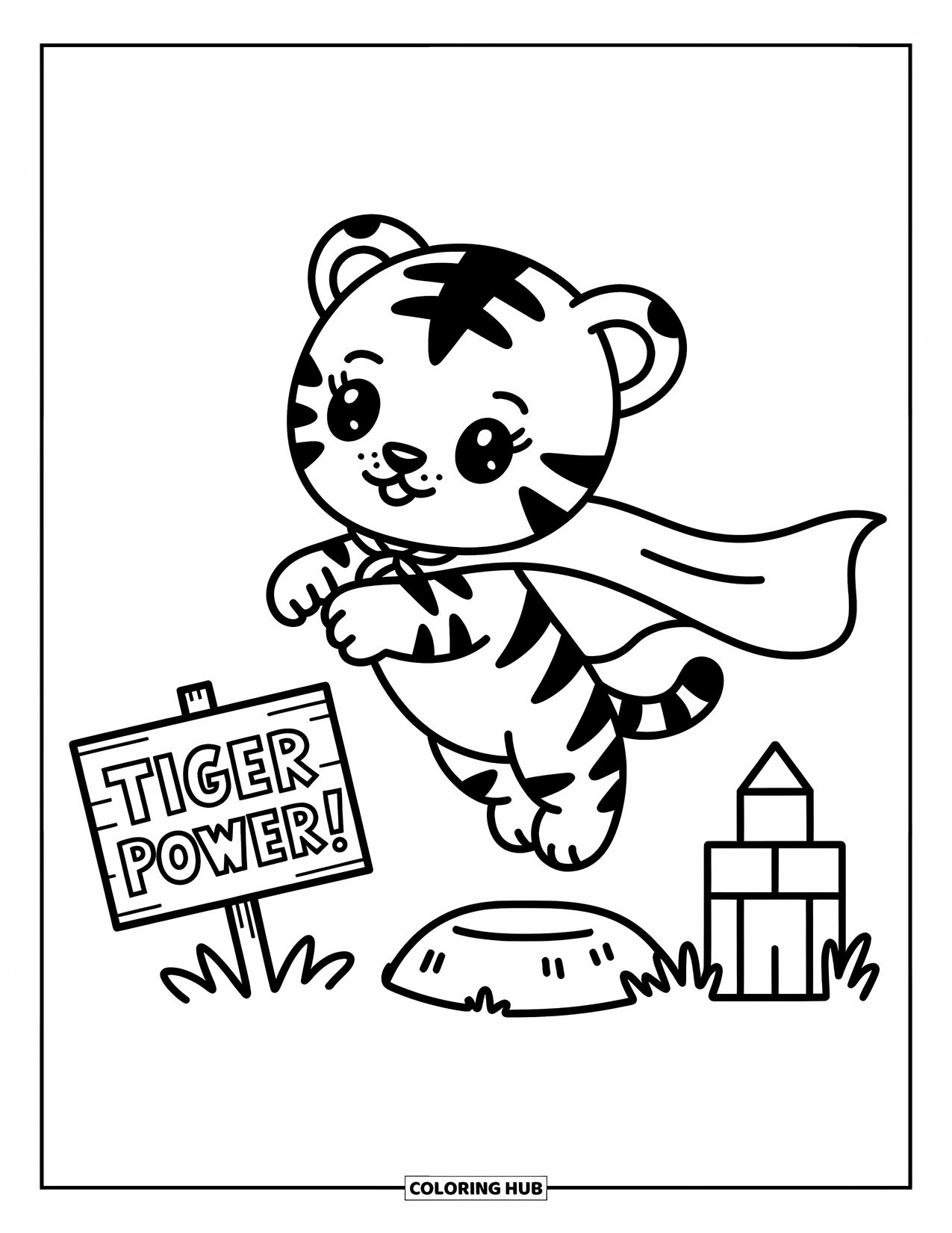Kolorowanka z Tygryskiem dla Dorosłych: Mały tygrys skacze ze skały w pozie superbohatera z przytulną peleryną
